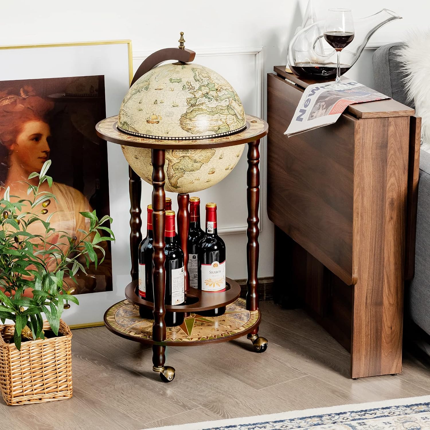 LDAILY Moccha 17” Globe Wood Wine Bar Stand, 16th Century Italian Replica Liquor Bottle Shelf w/Wheels, Wood Wine Cart Cabinet w/Bottom Shelf