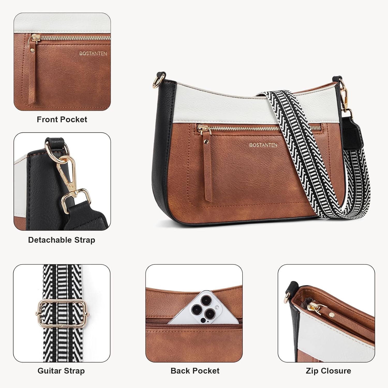 BOSTANTEN Crossbody Purses for Women Medium Shoulder Bag Quilted Handbags with Zipper Pocket