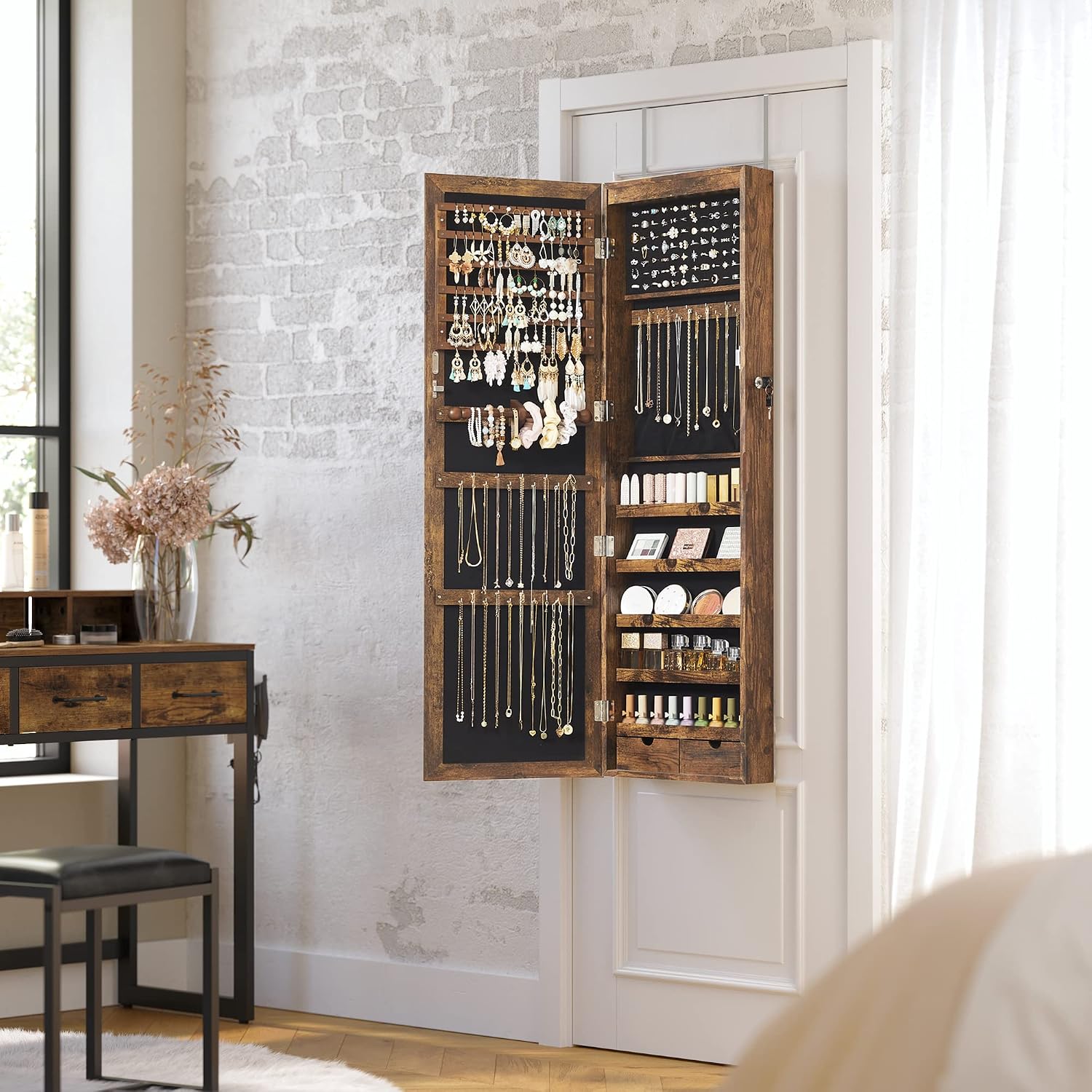 SONGMICS 6 LEDs Mirror Jewelry Cabinet, 47.2-Inch Tall Lockable Wall or Door Mounted Jewelry Armoire Organizer with Mirror, 2 Drawers, 3.9 x 14.6 x 47.2 Inches, White UJJC93W