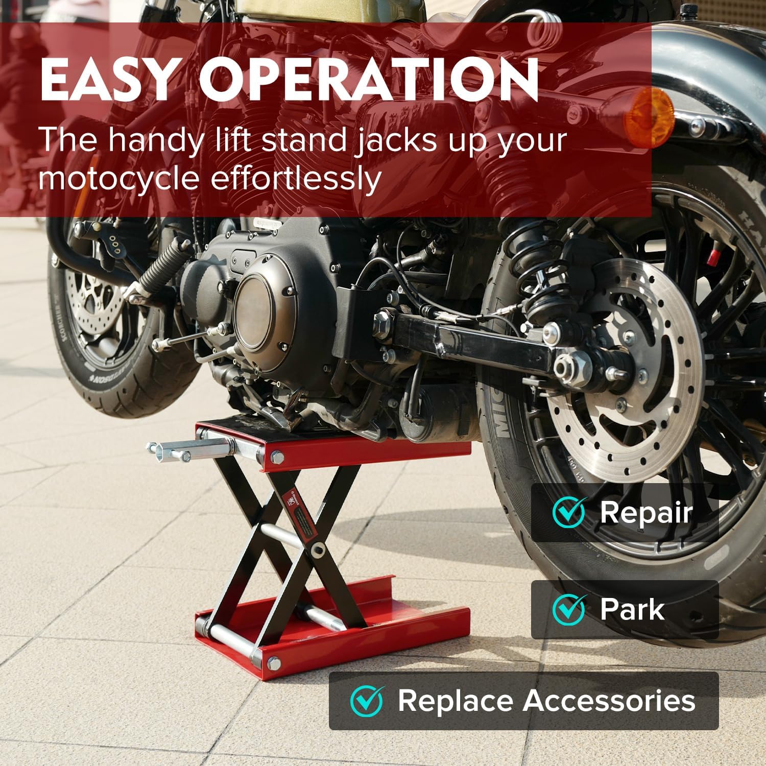 Motorcycle Lift Scissor Jack, 1200 LB Capacity Wide Deck Hoist Stand Maintenance Bikes ATVs Garage Repair Center Stand Lift Jack, Red