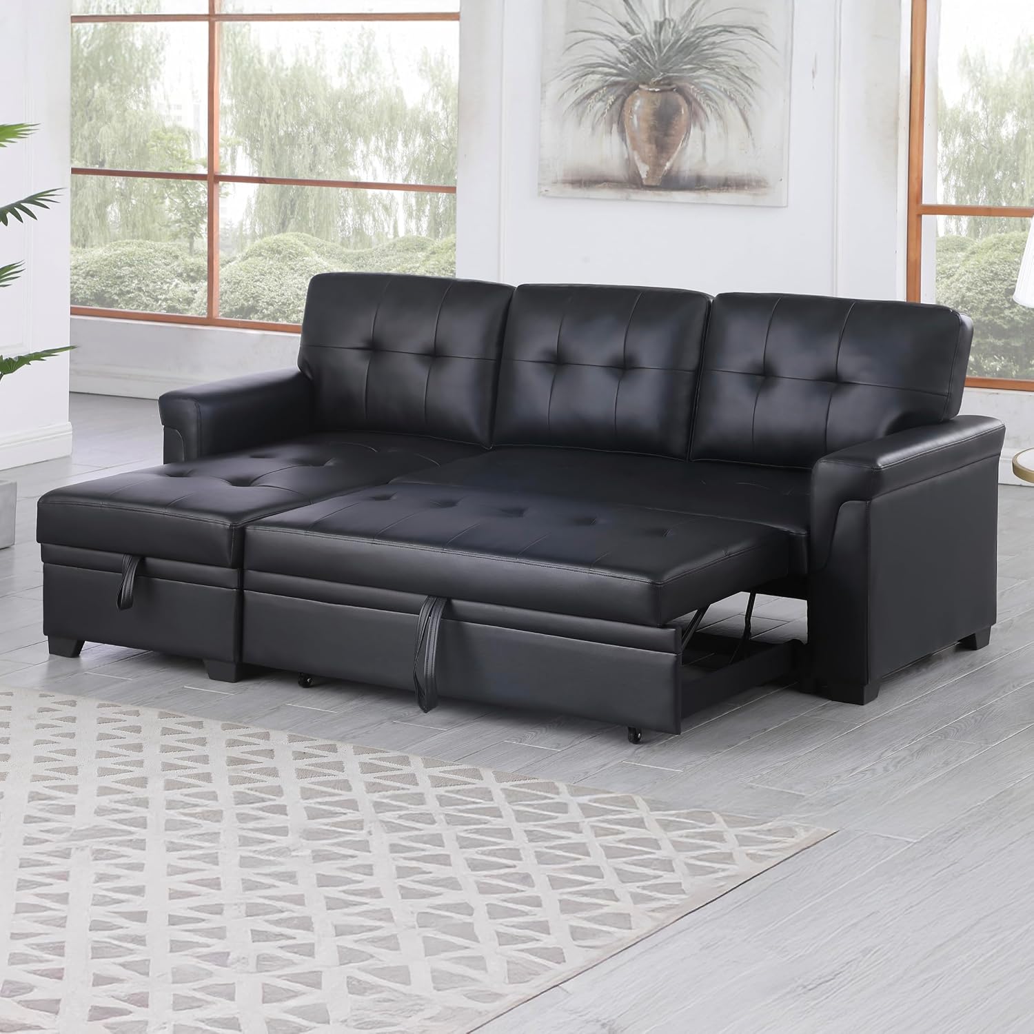 Lilola Home Convertible Sectional Sleeper Sofa Bed 84 Inch, L Shaped Couch with Pull Out Bed, Storage Chaise, Removable Back Cushions for Living Room, Office, Linen Fabric, Dark Gray