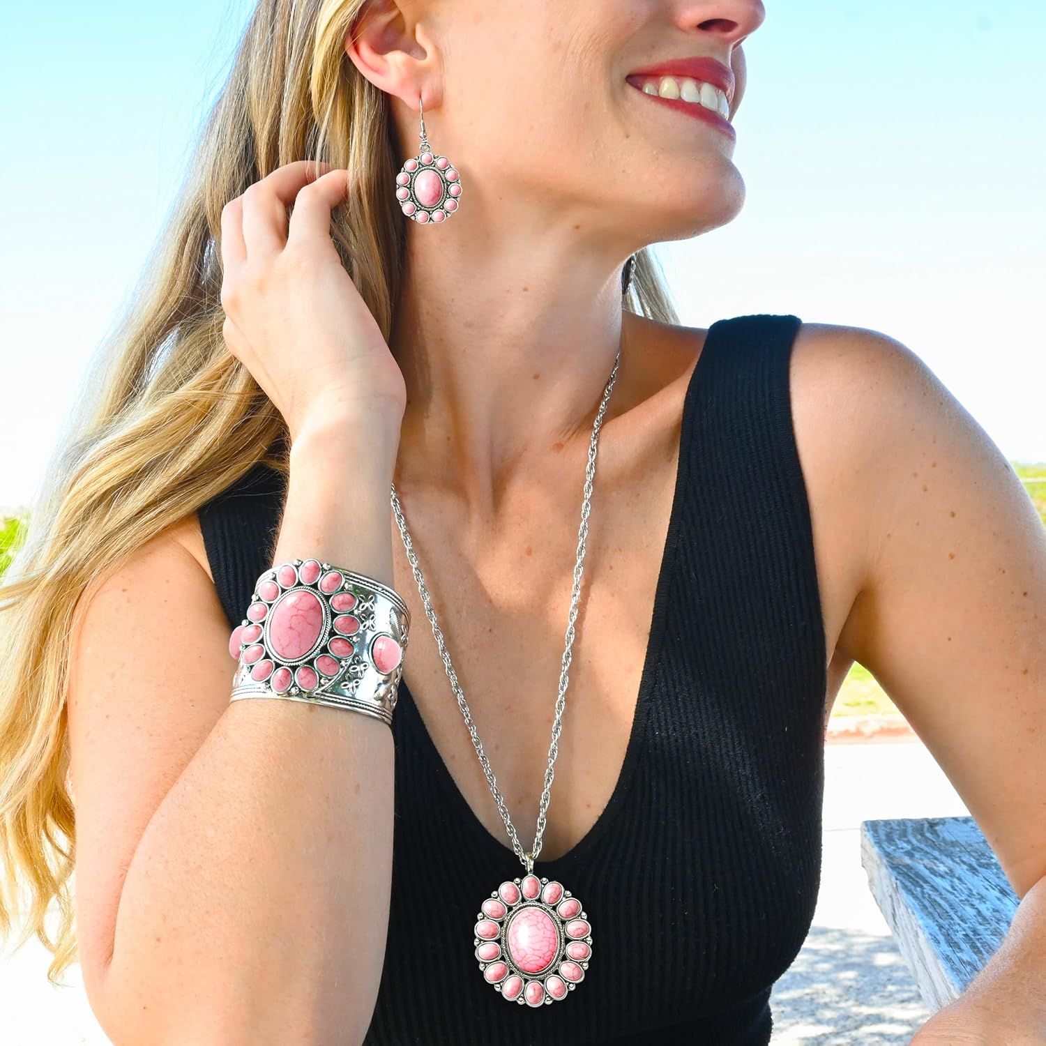 Shop LC Howlite Western Jewelry Set for Women Boho Cowgirl | 3-Piece Necklace Bracelet Earrings, Turquoise-Inspired, Chunky Statement, Southwestern