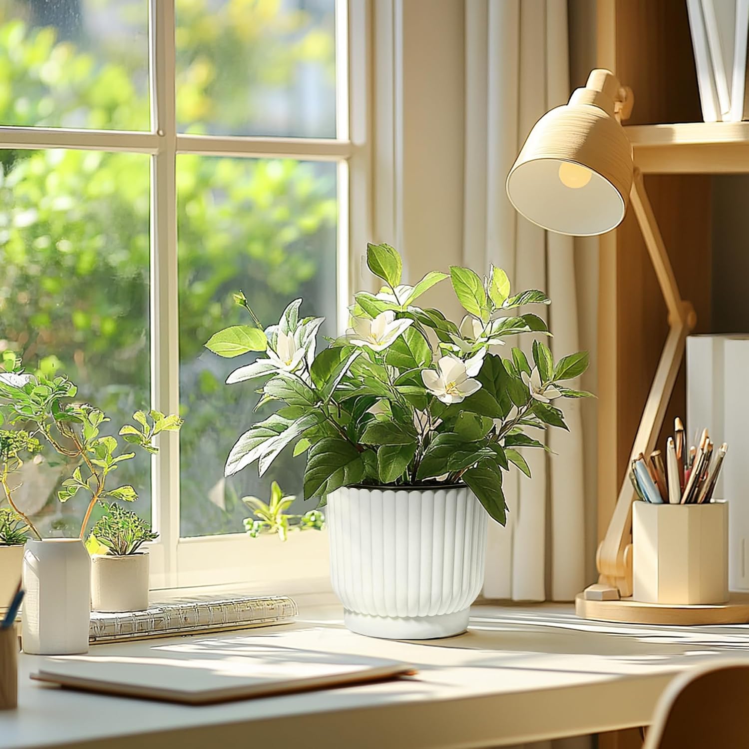 T4U Self Watering Pots for Indoor Plants, 4 Inch 6 Pack Planter White