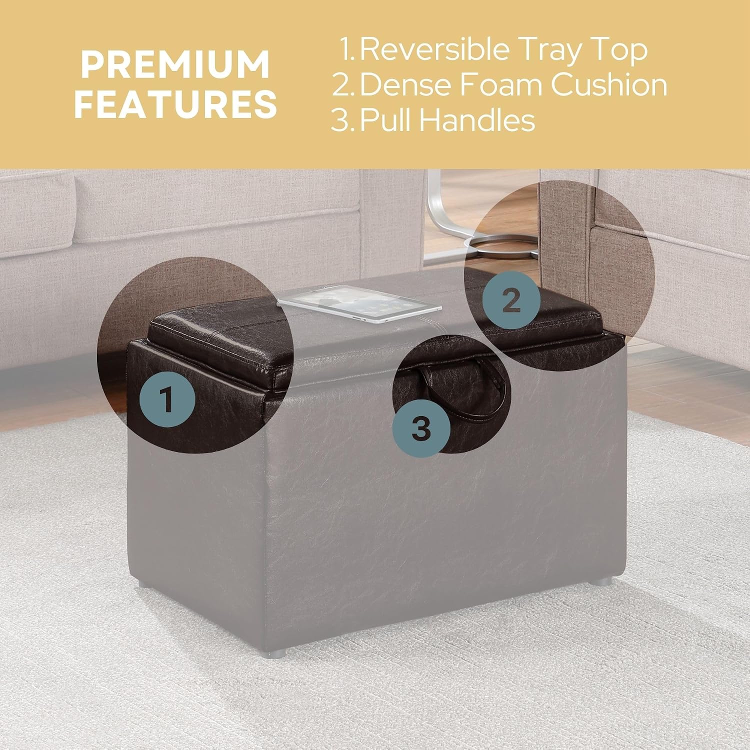 Convenience Concepts Designs4Comfort Accent Storage Ottoman 22.75" - Modern Foot Stool with Decorative Tray for Living Room, Dining Room, Office, Blue Faux Leather