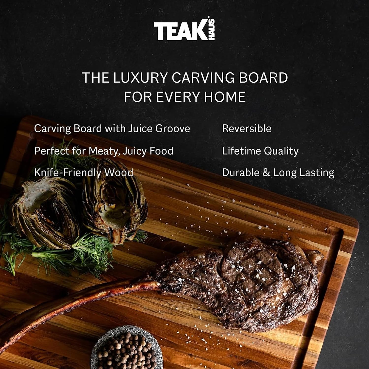 Teakhaus Carving Board with Juice Groove - Large (L) Teak Wood Cutting Board 20”L x 15”W x 1.5” Thick - Sustainably Harvested & FSC Certified - Knife Friendly with Beeswax Oil Finish