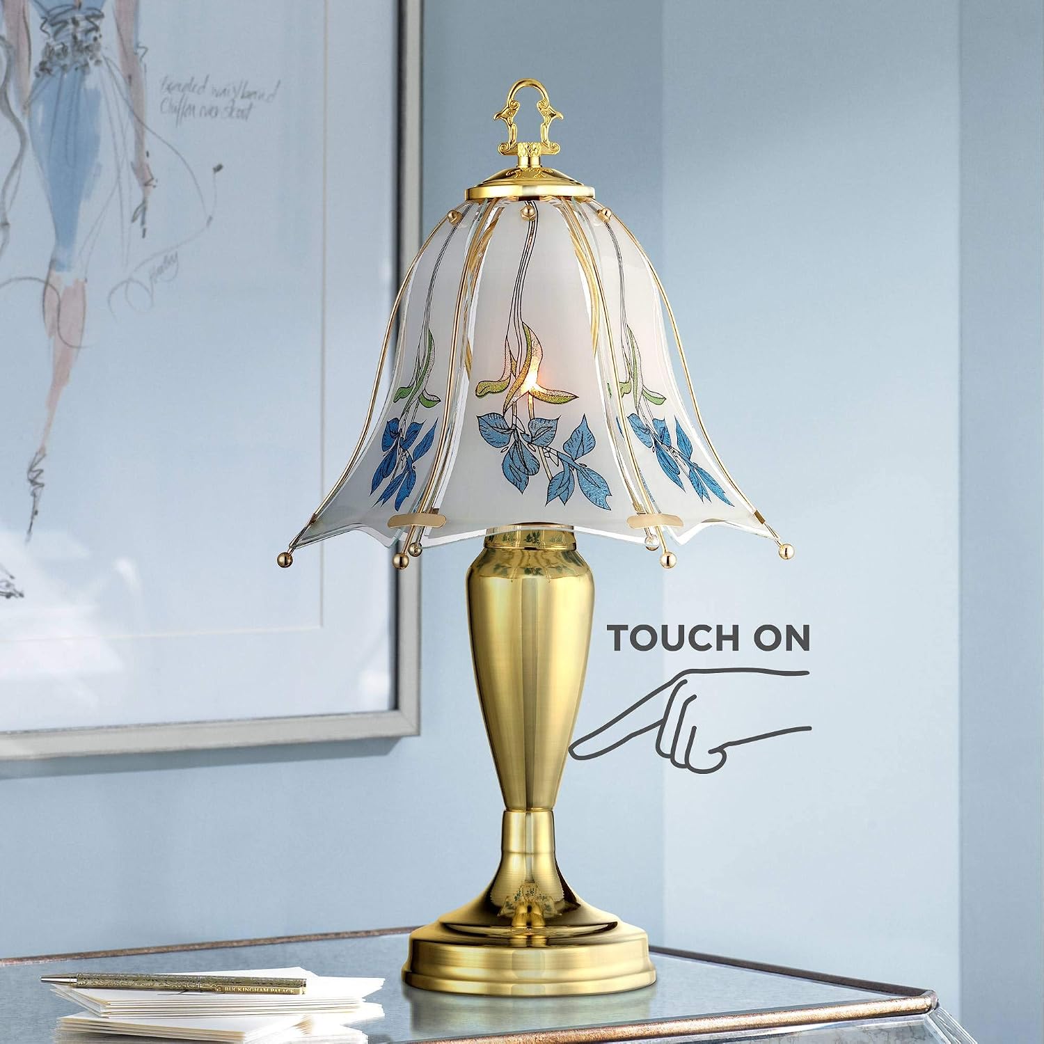 Polished Brass Flower Petal 15" Small Table Lamp Gold Touch 4-Way Glass Off | Etched Shade Art Traditional Cottage Floral Bedroom House Bedside Nightstand Home Office Living Room