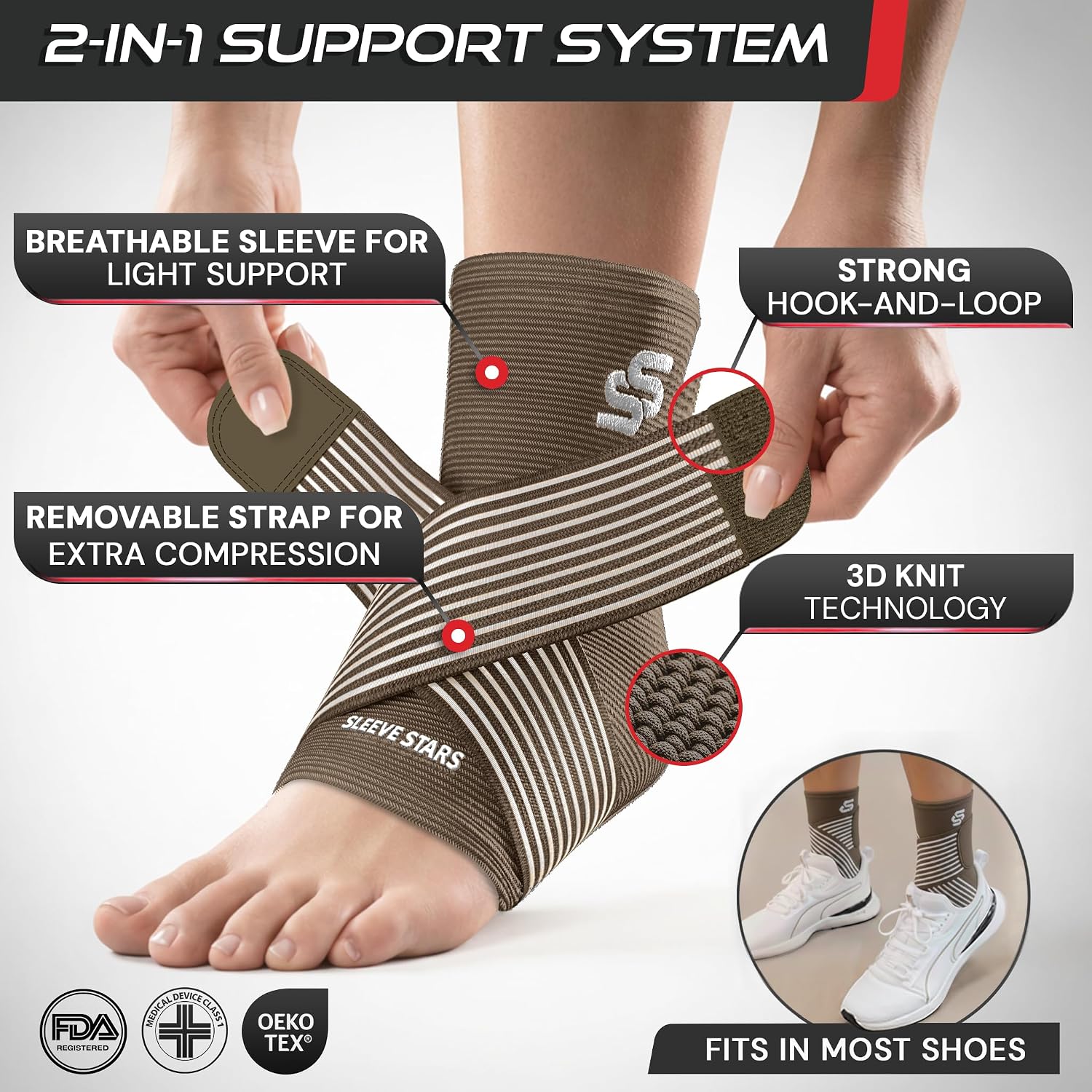 Sleeve Stars Ankle Brace for Women & Men, Ankle Wrap for Sprain, Compression Sleeve for Plantar Fasciitis Relief, Easy Customizable Support: w/ Removable Strap (Single/M:10"-12"/Black)