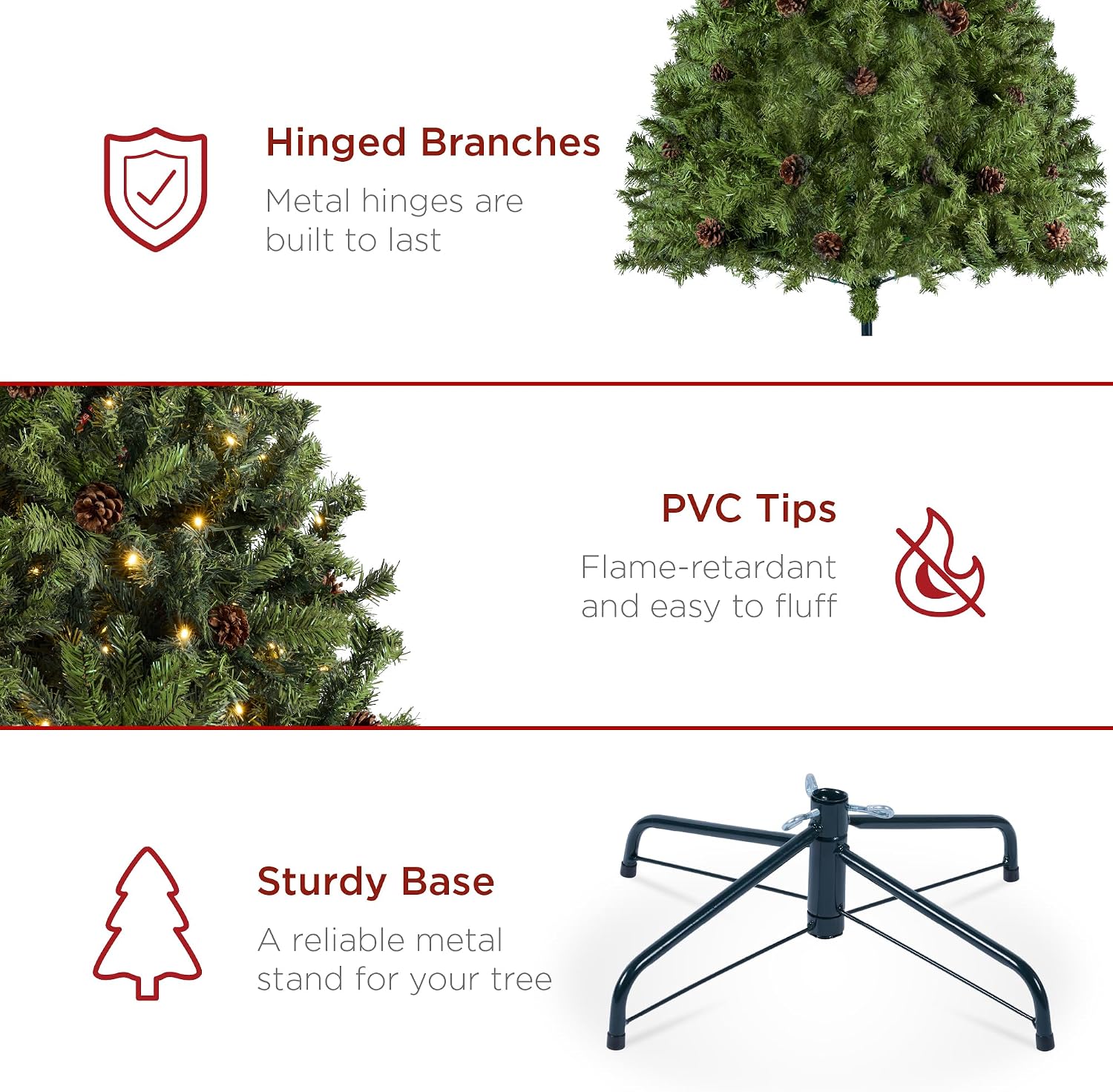 Best Choice Products 7.5ft Pre-Lit Pre-Decorated Pine Artificial Christmas Tree w/Twinkling LEDs, 1, 346 Flocked Frosted Tips, 80 Pinecones