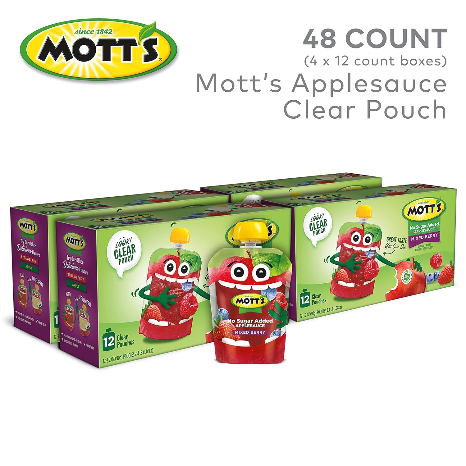 Mott's No Sugar Added Strawberry Applesauce, 3.2 Oz Clear Pouches, 48 Count (4 Packs Of 12), Good Source Of Vitamin C, No Artificial Flavors