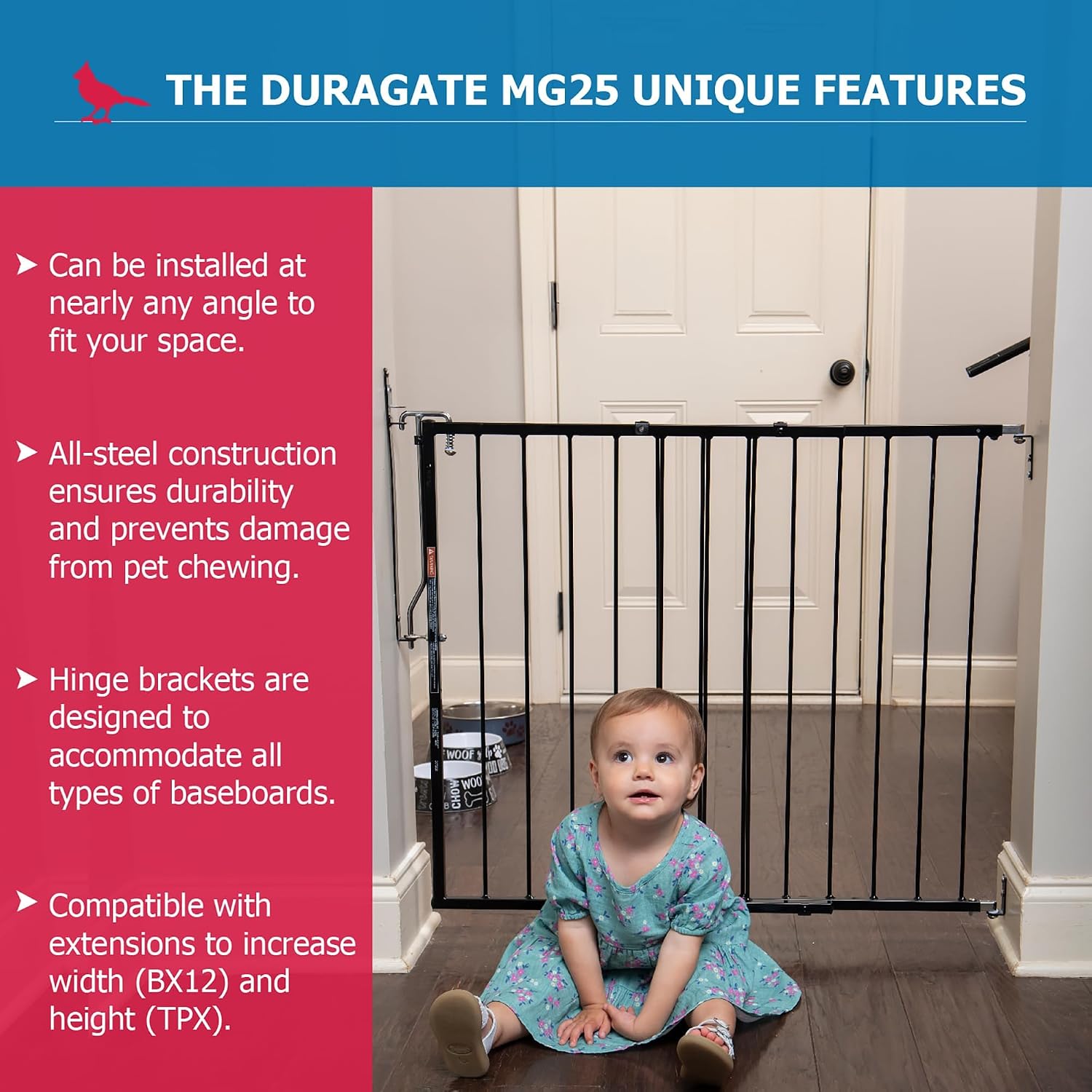 Cardinal Gates MG25 Duragate Baby and Pet Gate, 26.5-41.5 in, Black | Steel hardware-mounted gate for children and pets. One-hand latch, two-way swing, and angle-capable installation.