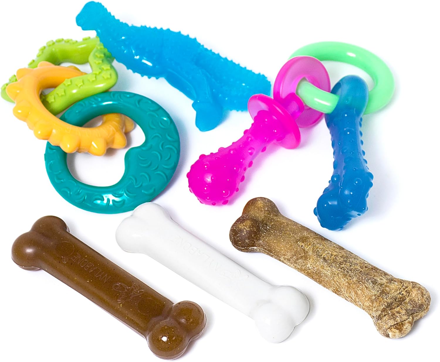 Nylabone Puppy Pacifier Chew Toy, Teething Toys for Puppies up to 25 lbs | Puppy teething toys with bacon flavor, soft material, textured nubs massage gums