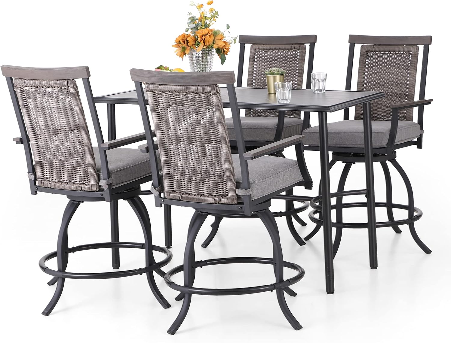 PHI VILLA Outdoor Bar Set 3 PCS Patio Bistro Table & Swivel Stools