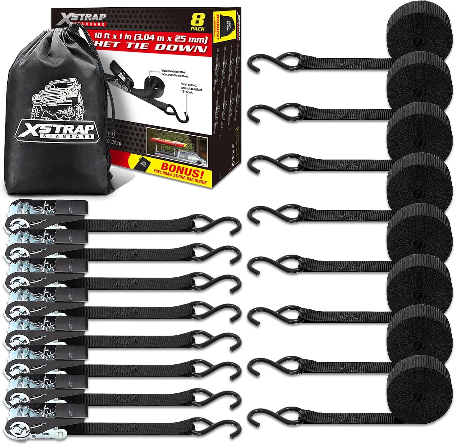 XSTRAP STANDARD 8-PK Ratchet Tie Down Straps, 1" x 10ft Cargo Strap, Yellow