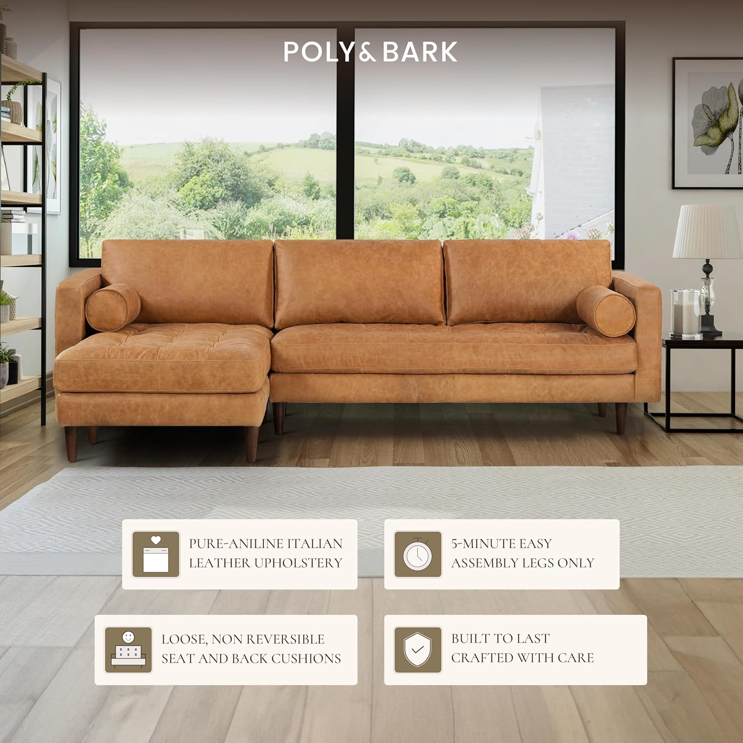 Poly & BARK 55" Tufted Leather Bed Bench for Bedroom End of Bed - Living Room Entry Way Bench - Pure Italian Leather Upholstery with a Solid Wood Frame - Ottoman Bench with Wooden Legs - Cognac Tan