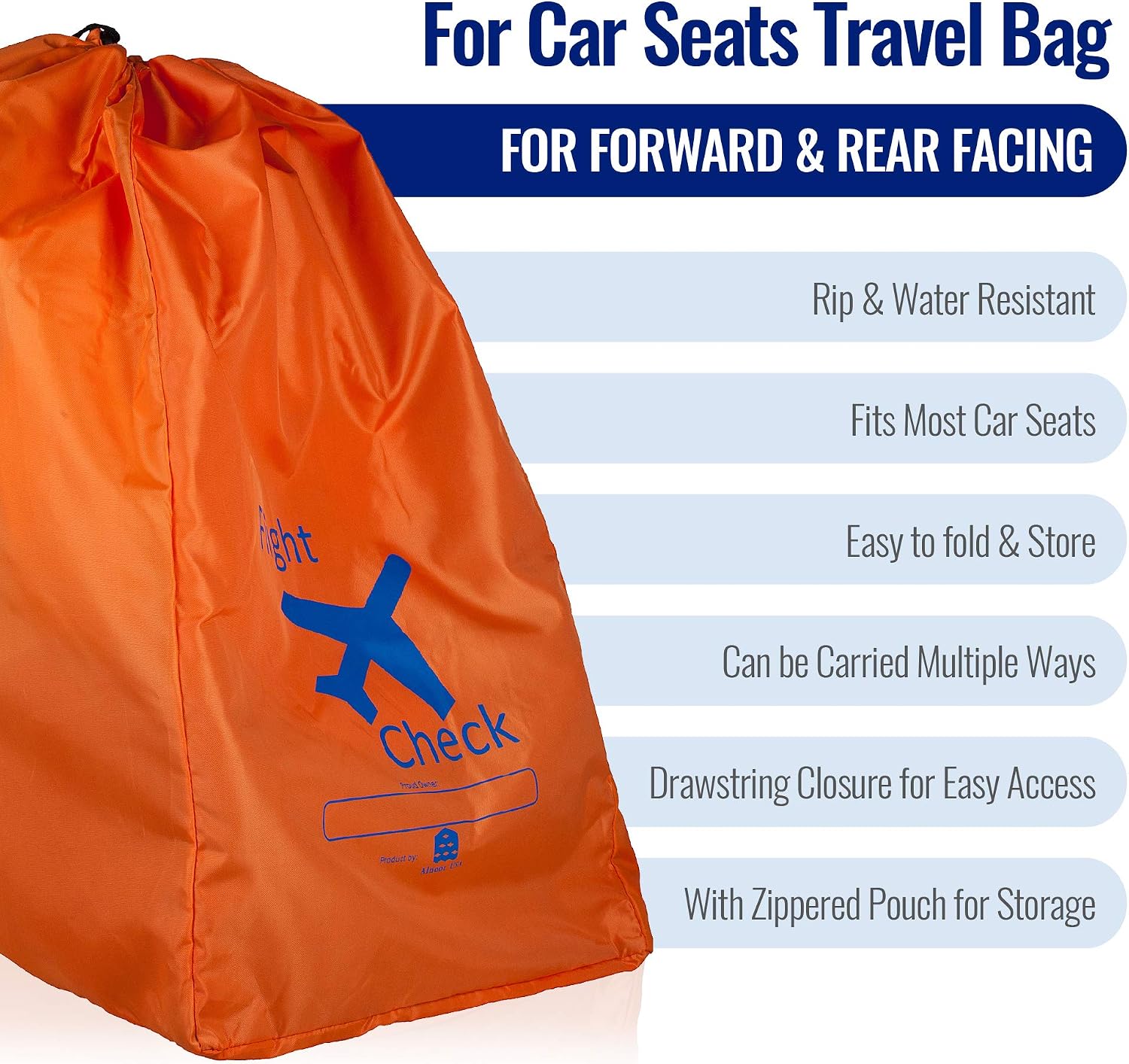 Car Seat Travel Bag and Carrier for Gate Check with Travel Pouch - Bright Orange with Blue Letters for Airport, Airplane Gate Check