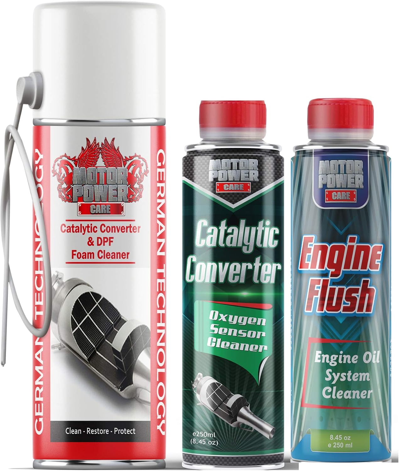 MotorPower Care P0420 P0430 Catalytic Converter Cleaner Kit — 3-Step Fix: Fuel Additive + Foam Spray + Engine Flush | Pass Emissions & Clear Check