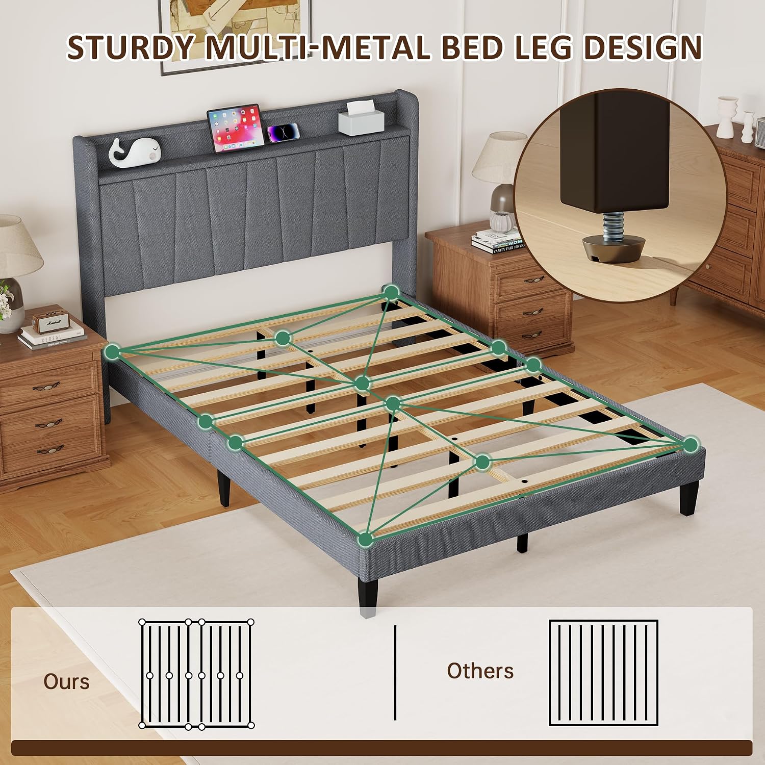King Size Bed Frame with Headboard, Platform Bed with Upholstered Wingback Storage Headboard, Slats Support, No Box Spring Needed Beige