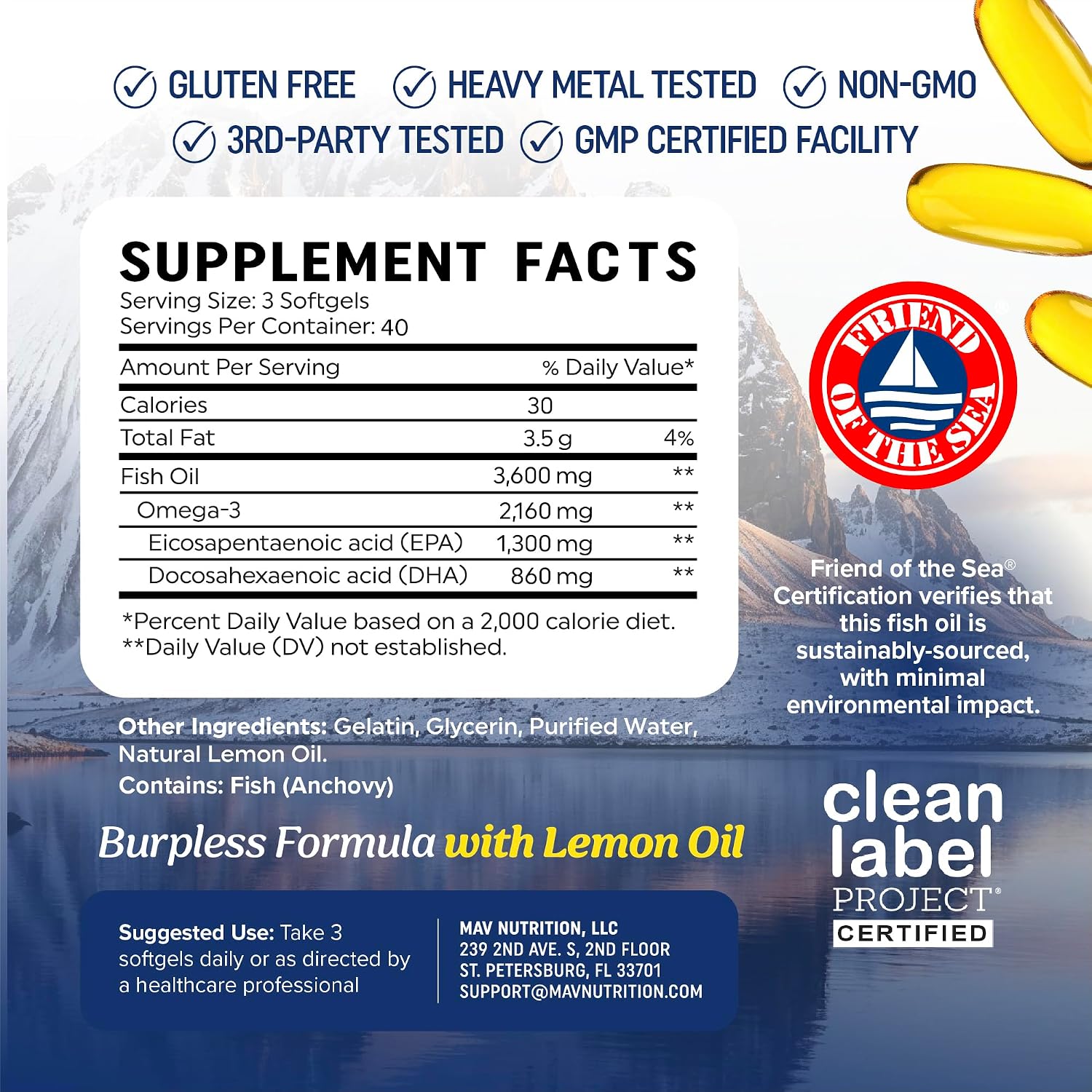 Triple Strength Omega 3 Fish Oil 3600 mg, EPA & DHA, Over 2100mg Omega-3