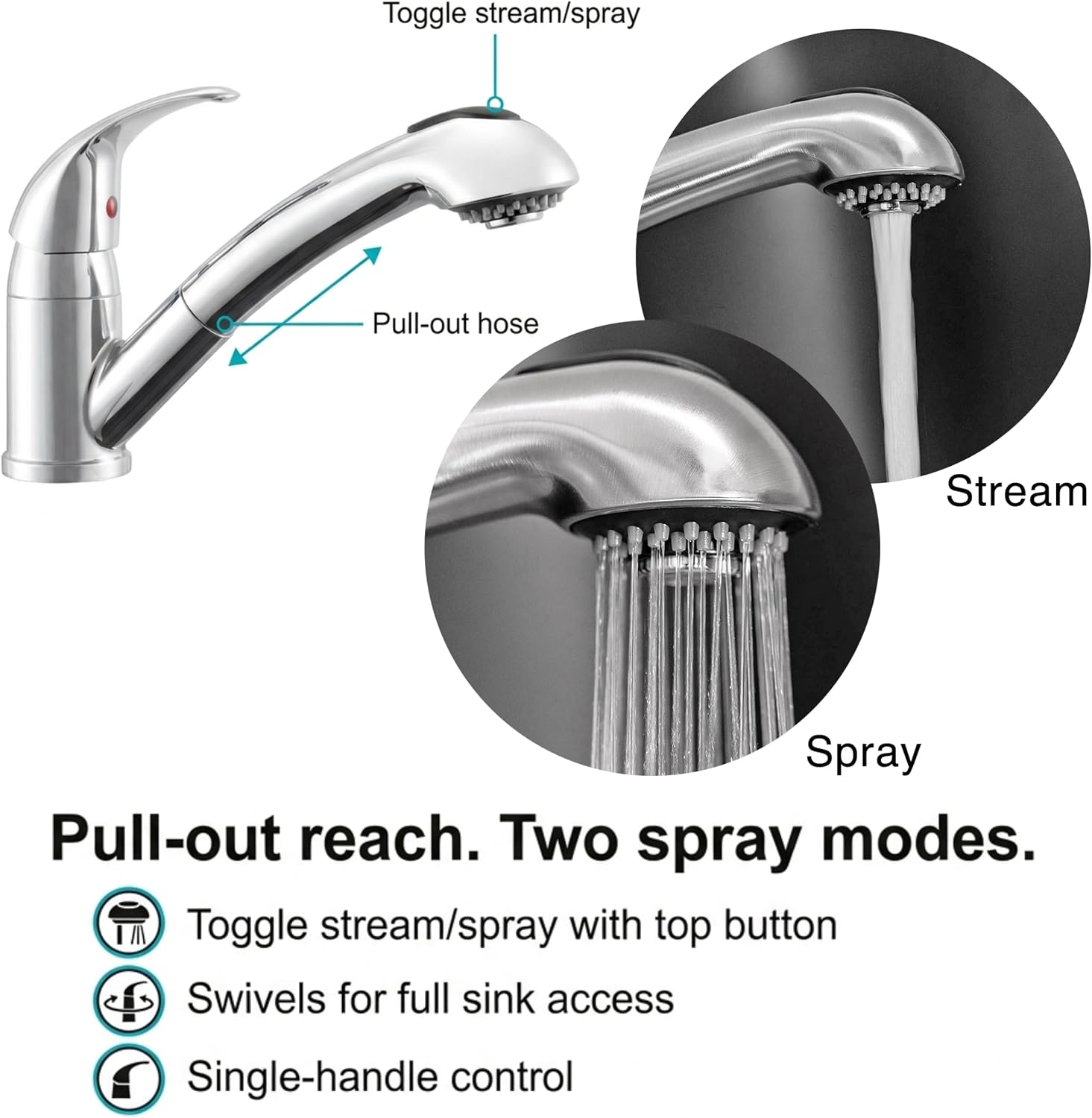 Dura Faucet DF-NMK852-WT RV Pull-Out Swivel Kitchen Sink Faucet (White) | One-hole, single-handle design with smooth lever control for galley cleanup. Easy DIY install with common hand tools.