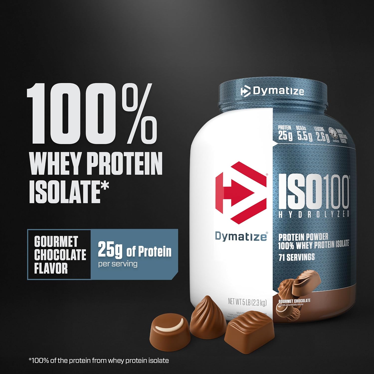 Dymatize ISO100 Protein Powder, 100% Whey Isolate, Gourmet Chocolate | 25g Protein, Hydrolyzed, Fast-Absorbing, Supports Muscle Health, 5.5g BCAAs, Gluten-Free, 76 Servings, 5 lb