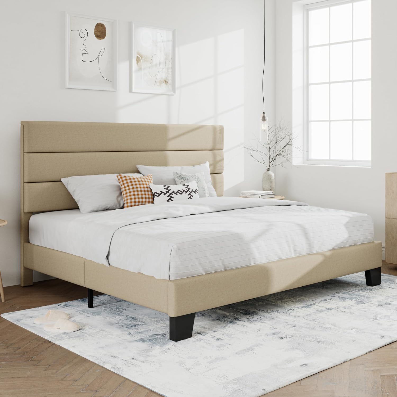 SHA CERLIN Full Platform Bed Frame with Upholstered Fabric Headboard, Grey