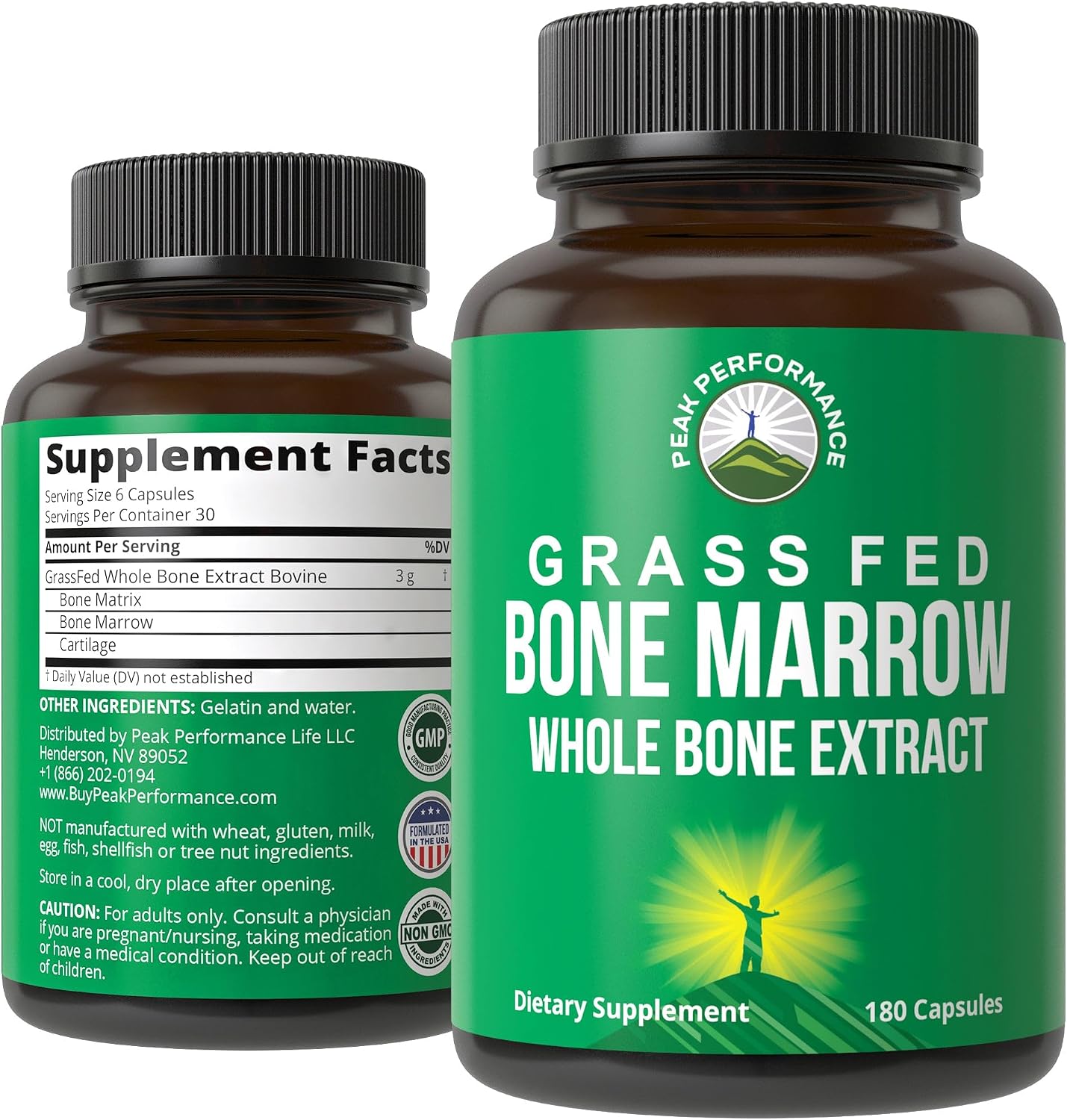 Peak Performance Grass Fed Bone Marrow Whole Extract Supplement 180 Capsule | Superfood Pills Rich in Collagen, Vitamins