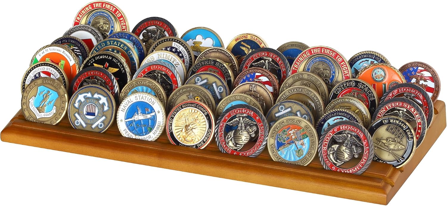 DisplayGifts Challenge Coin Display Stand 4 Row Wooden Holder Rack Case Holds 28 Coins Walnut Finish