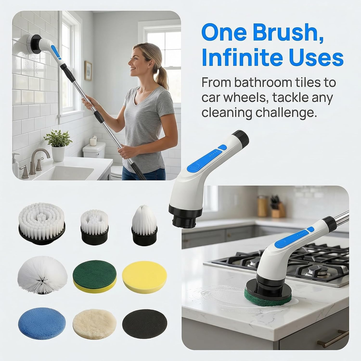 Electric Spin Scrubber - Ditch the Scrubbing! Long Handle Shower Scrubber with 9 Replaceable Heads & 2 Speed Cordless Brush in Modern White!
