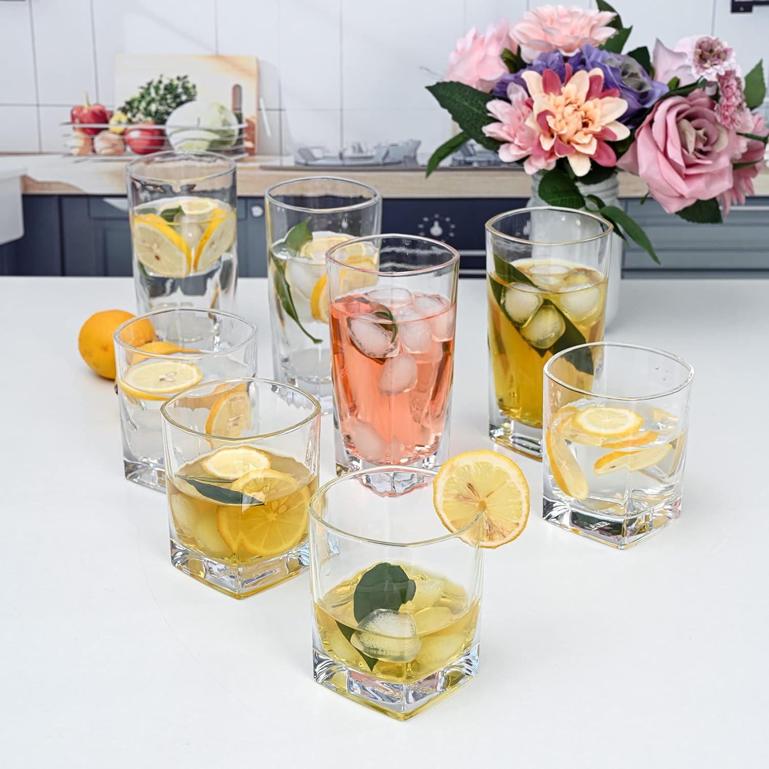 Le'raze Collins Everyday Drinking Glasses Set of 16 Drinkware Kitchen Glasses for Cocktail, Iced Coffee, Beer, Ice Tea, Wine, Whiskey, Water