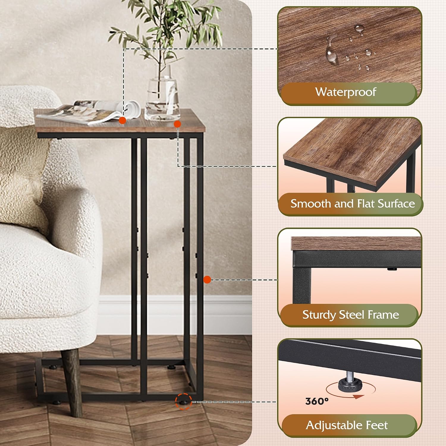 WLIVE C Shaped End Table, Small Side Tables for Sofa and Bed, Couch Table that Slides Under for Living Room, Bedroom, Home Office, Small Spaces