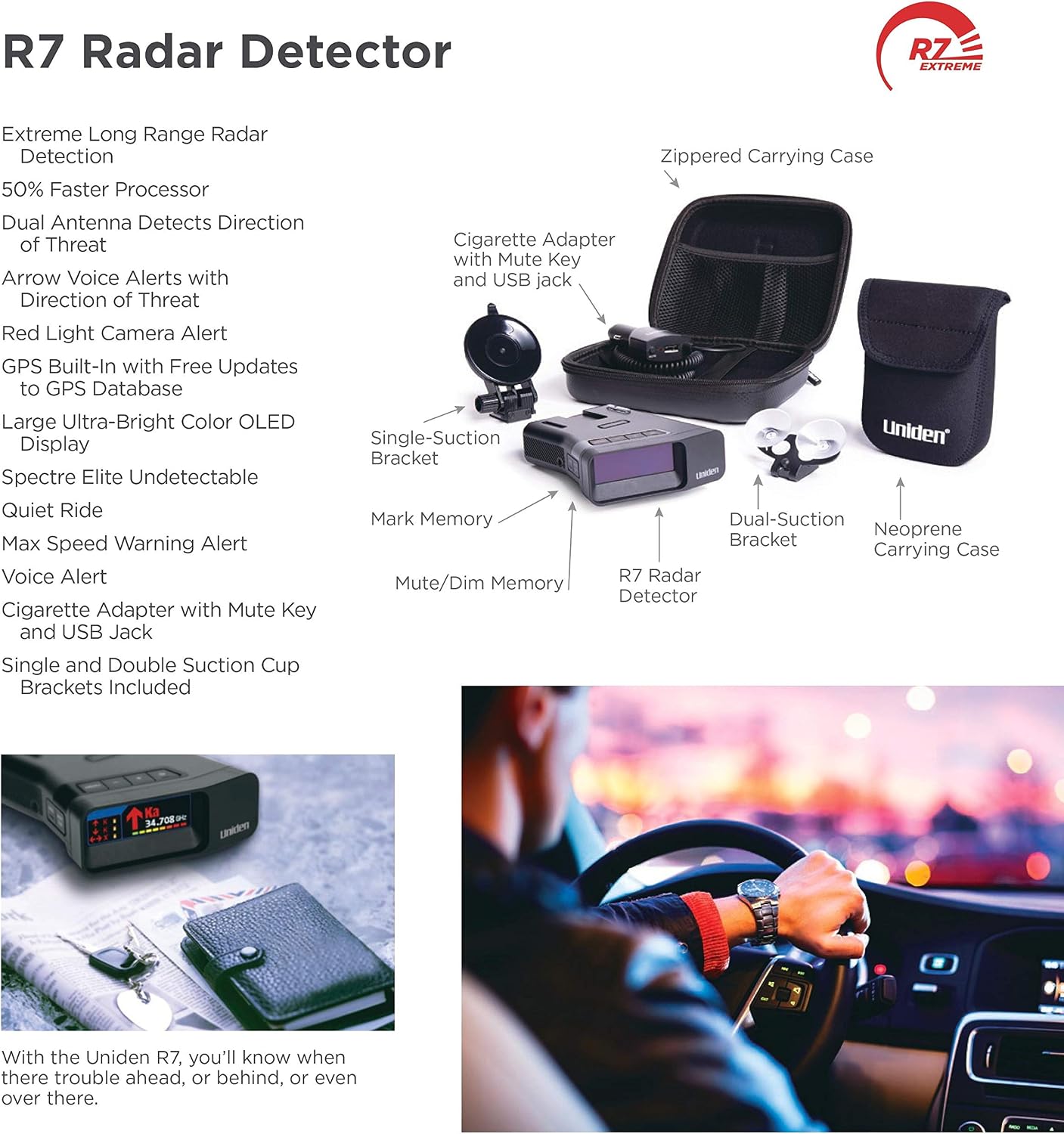 Uniden R7 Extreme Long-Range Laser-Radar Detector, Built-in GPS w/ Real-Time Alerts, Dual-Antennas Front & Rear w/Directional Arrows, Voice Alerts