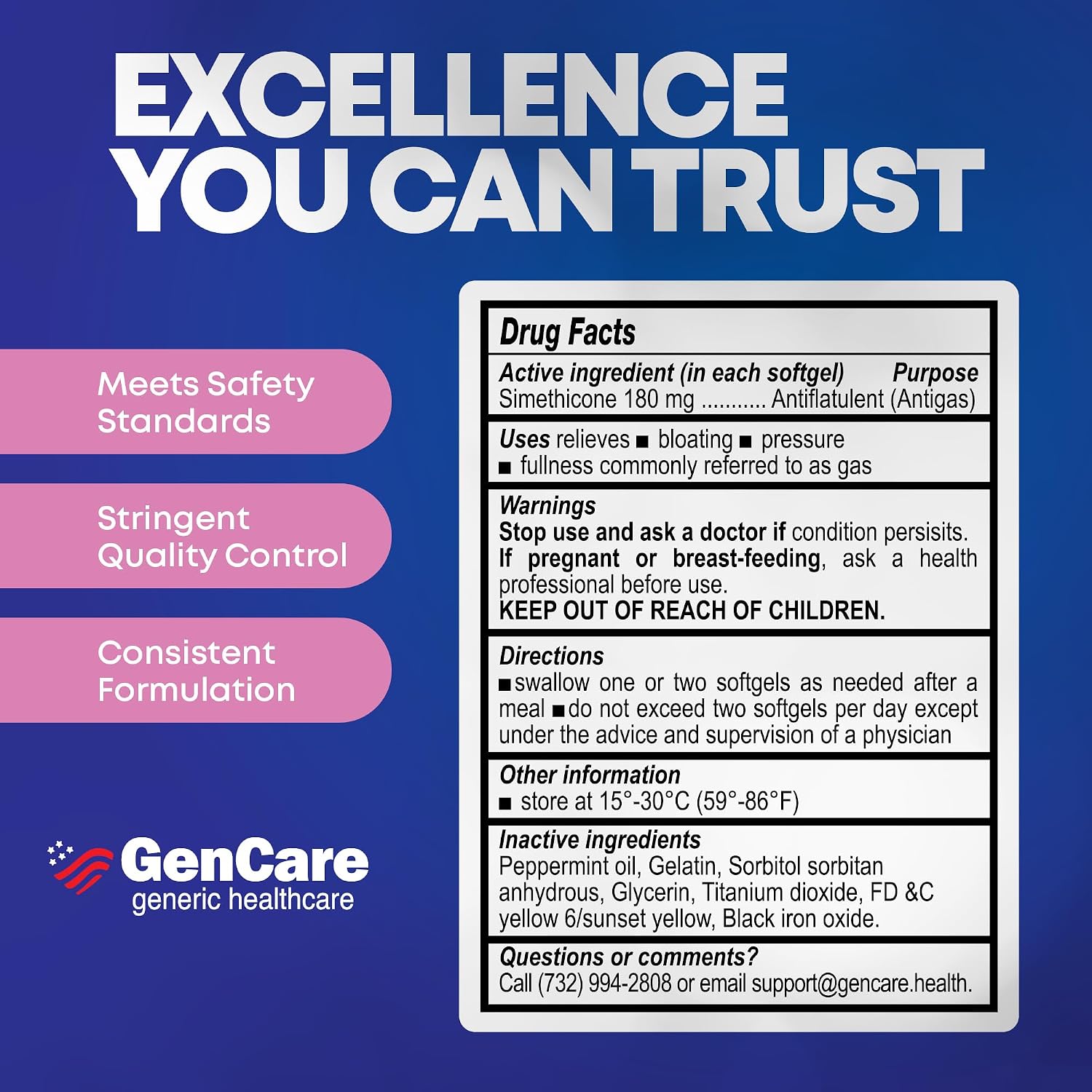 GenCare Gas Relief Simethicone 180mg Ultra Strength, 180 Softgels