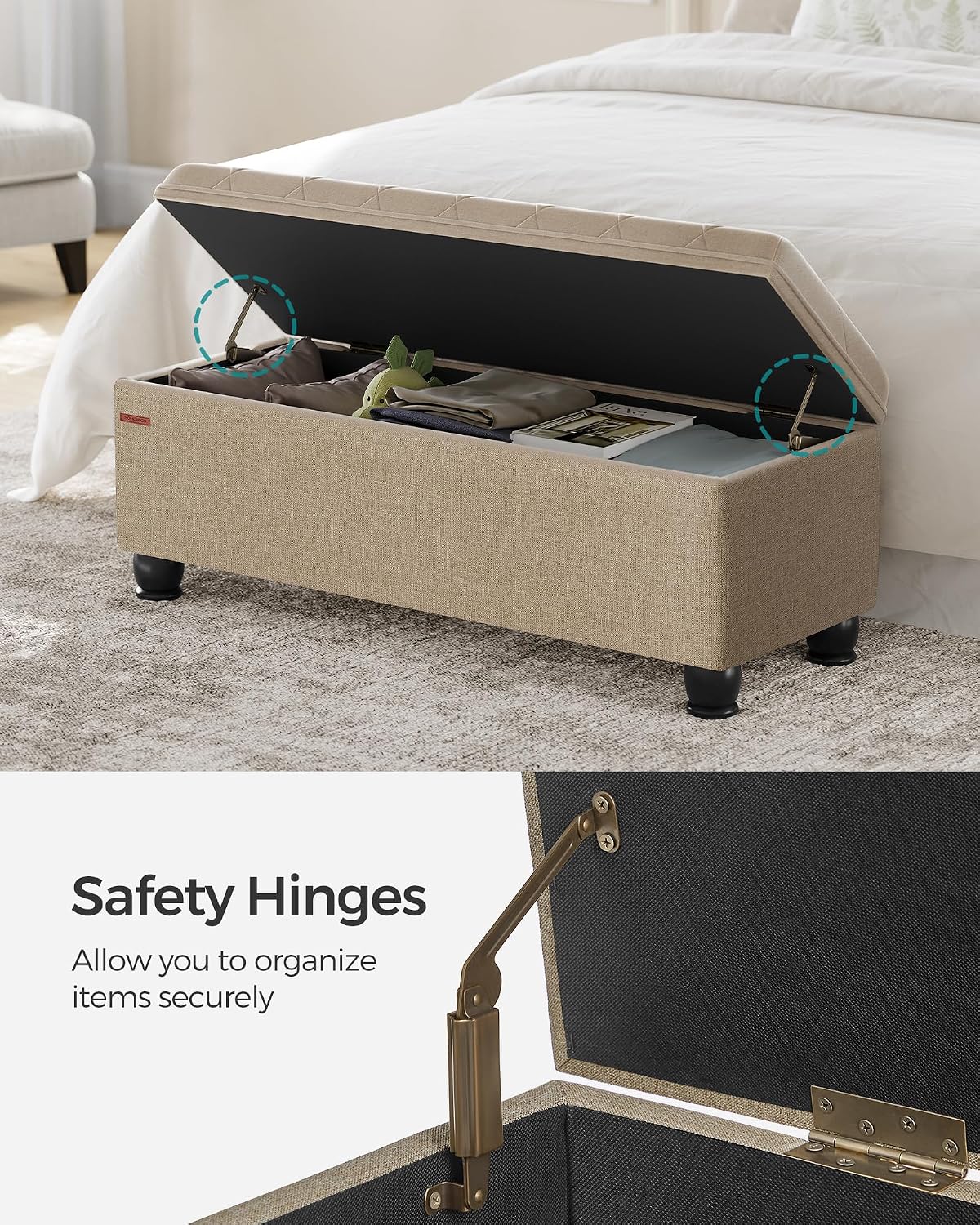 SONGMICS Storage Ottoman, 46.5 Inches Bedroom Bench, Solid Wood Legs