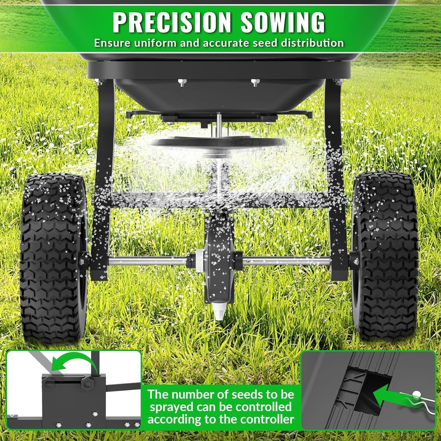 VELPAX 200LB Tow Behind Broadcast Spreader, Fertilizer Spreader Holds up to 550 lbs with 13" Pneumatic Tires and Adjustable Flow Control Lever