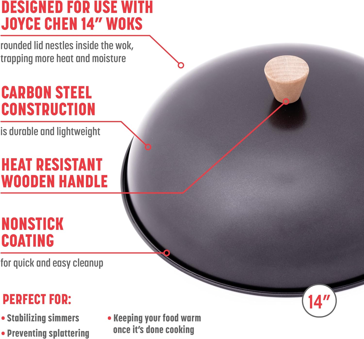 Joyce Chen 31-0066, 13.5-Inch Nonstick Steel Dome Lid for 14-Inch Wok Black