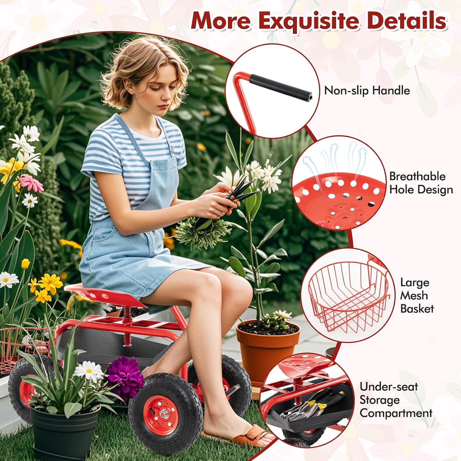 Goplus Rolling Garden Cart with Seat, Outdoor Garden Stool with Wheels, Tool Tray & Basket, Adjustable Steering Handle