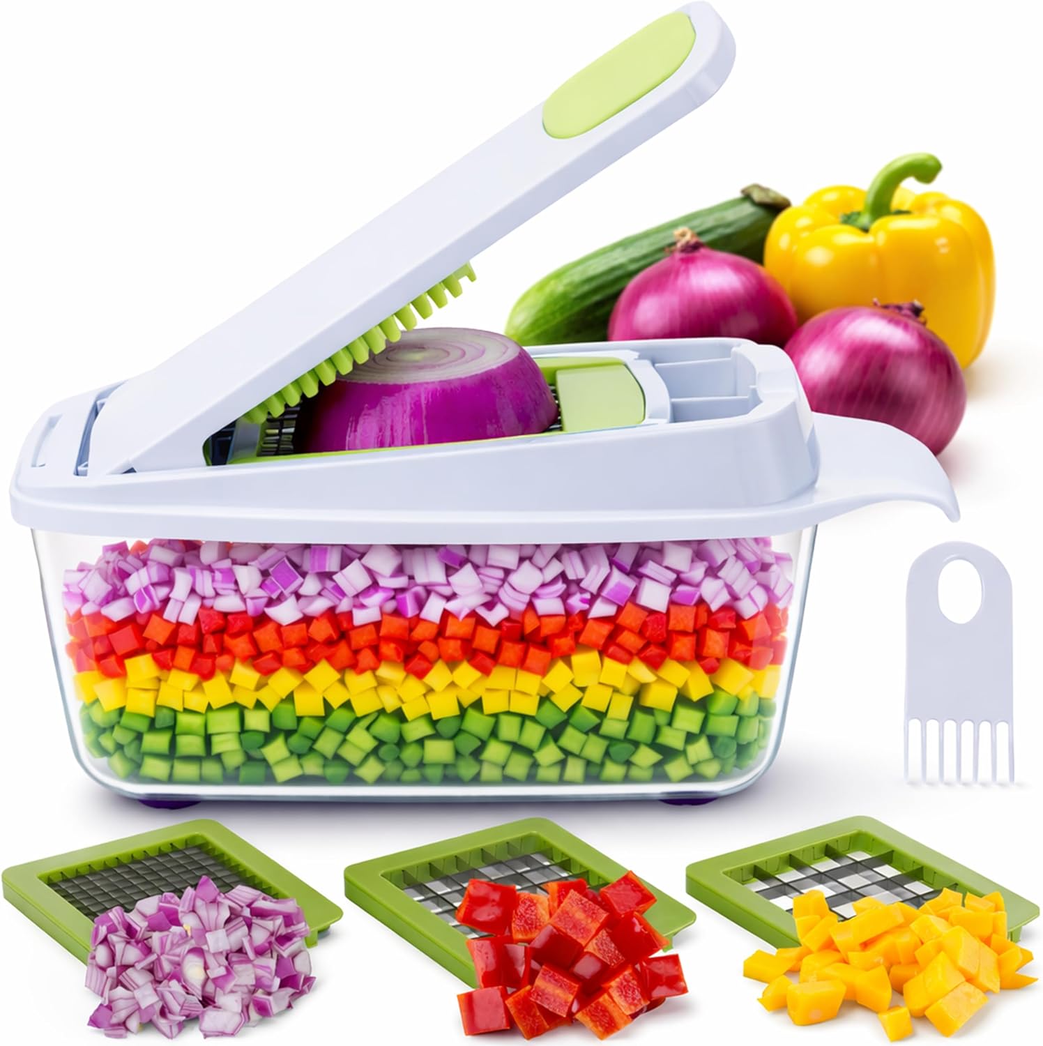 Brieftons QuickPush Manual Vegetable Chopper: 8-Cup Push-Down Onion Dicer & Food Chopper, 3 German Steel Blades