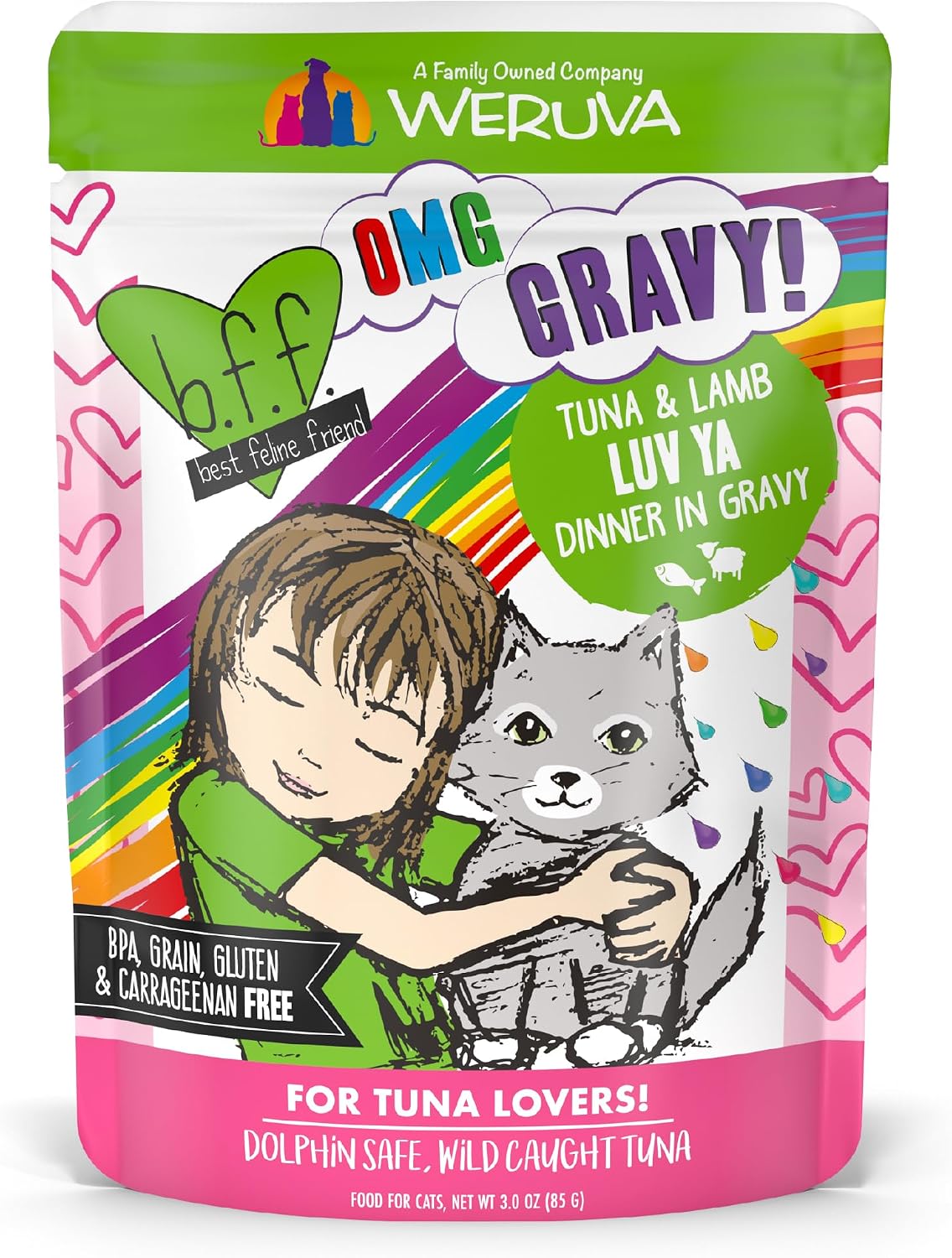 Weruva B.F.F. OMG - Best Feline Friend Oh My Gravy!, Tuna & Salmon Sweet Cheeks with Tuna & Salmon in Gravy Cat Food, 3oz Pouch (Pack of 12)