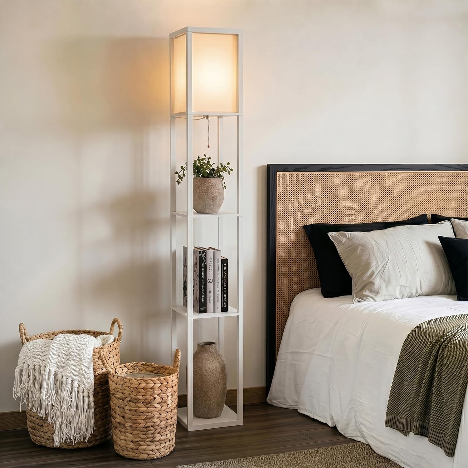 Brightech Maxwell - Modern Shelf Floor Lamp with Lamp Shade & Warm White LED Bulb, Corner Display Floor Lamp with Shelves for Living Room, Bedroom, Nightstand Office, Home Decor Storage - Natural Wood