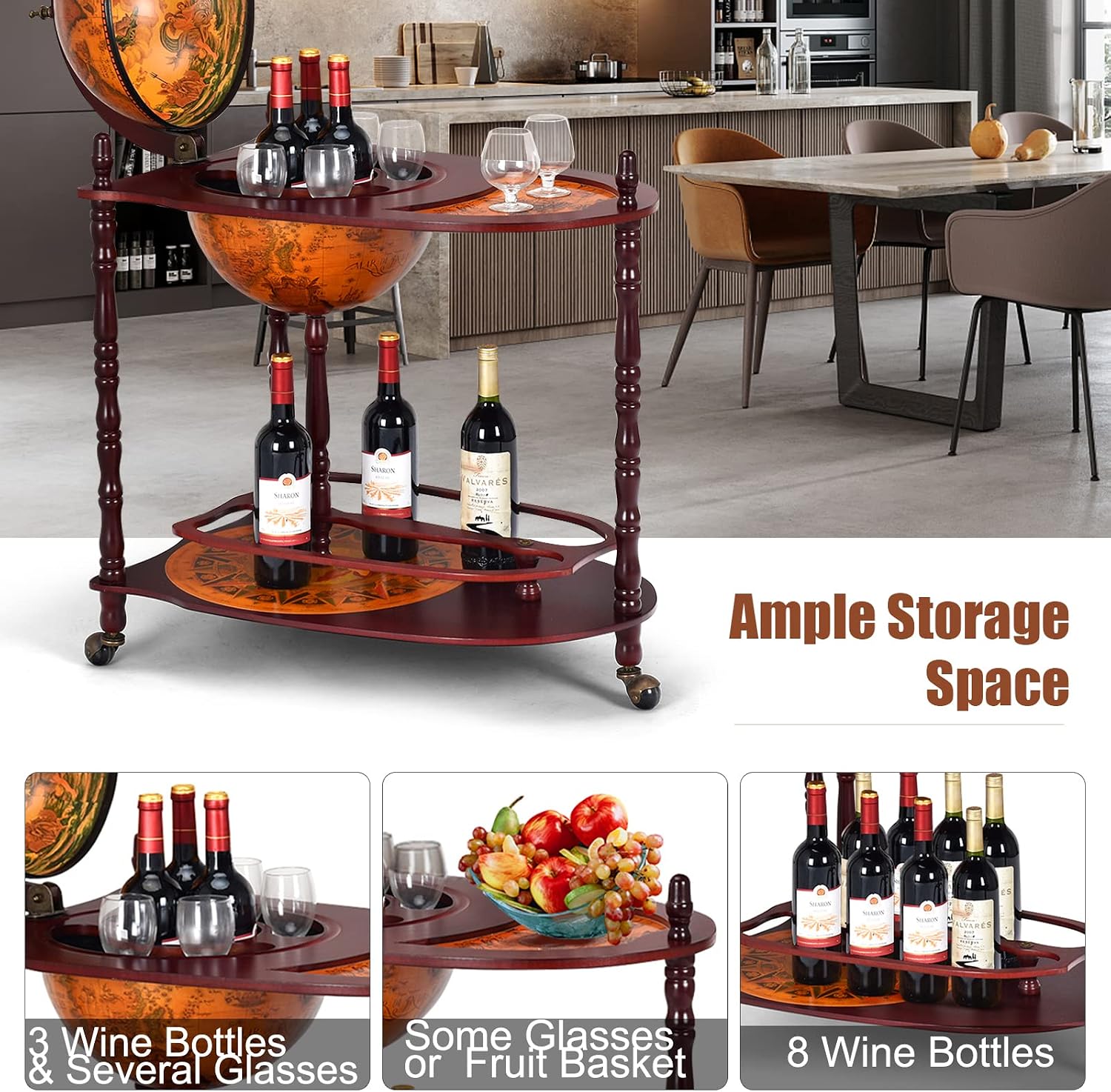 Goplus Globe Bar, 34.5” Globe Bar Liquor Cabinet with Wheels, Bottom Shelf, Old World Map, 16th Century Italian Replica Bar Globe, Retro Wine Stand