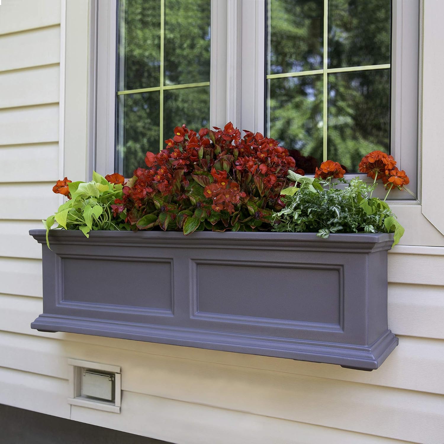 Mayne Fairfield 48in Self-Watering Rectangular Window Box Planter, Black | Self-watering, All season, Fade resistant, Mounting brackets included, Built-in overflow, 15-year warranty