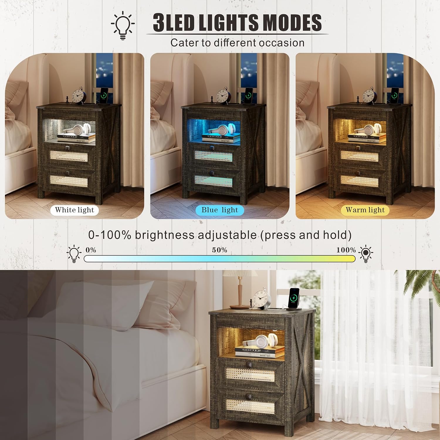 LED Night Stand with Gun Drawer & Charging Station | Human Sensor Lights, Hidden Storage, Farmhouse Rattan Style, 3 Drawers, Bedside Table for Bedroom, End Tables Livingroom