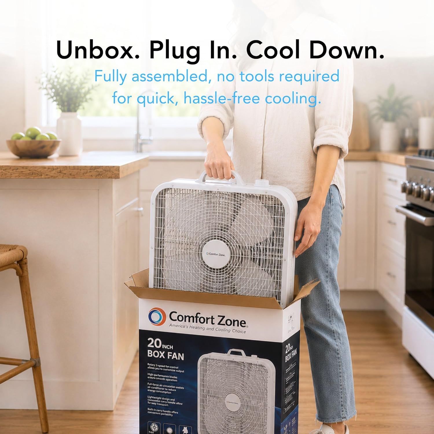 Comfort Zone Box Fan with Carry Handle, 20 inch, 3 Speed Full-Force Air Circulation Window Fan, Bedroom Floor Fan with 5 Blades, White Noise Cooling Fan, White