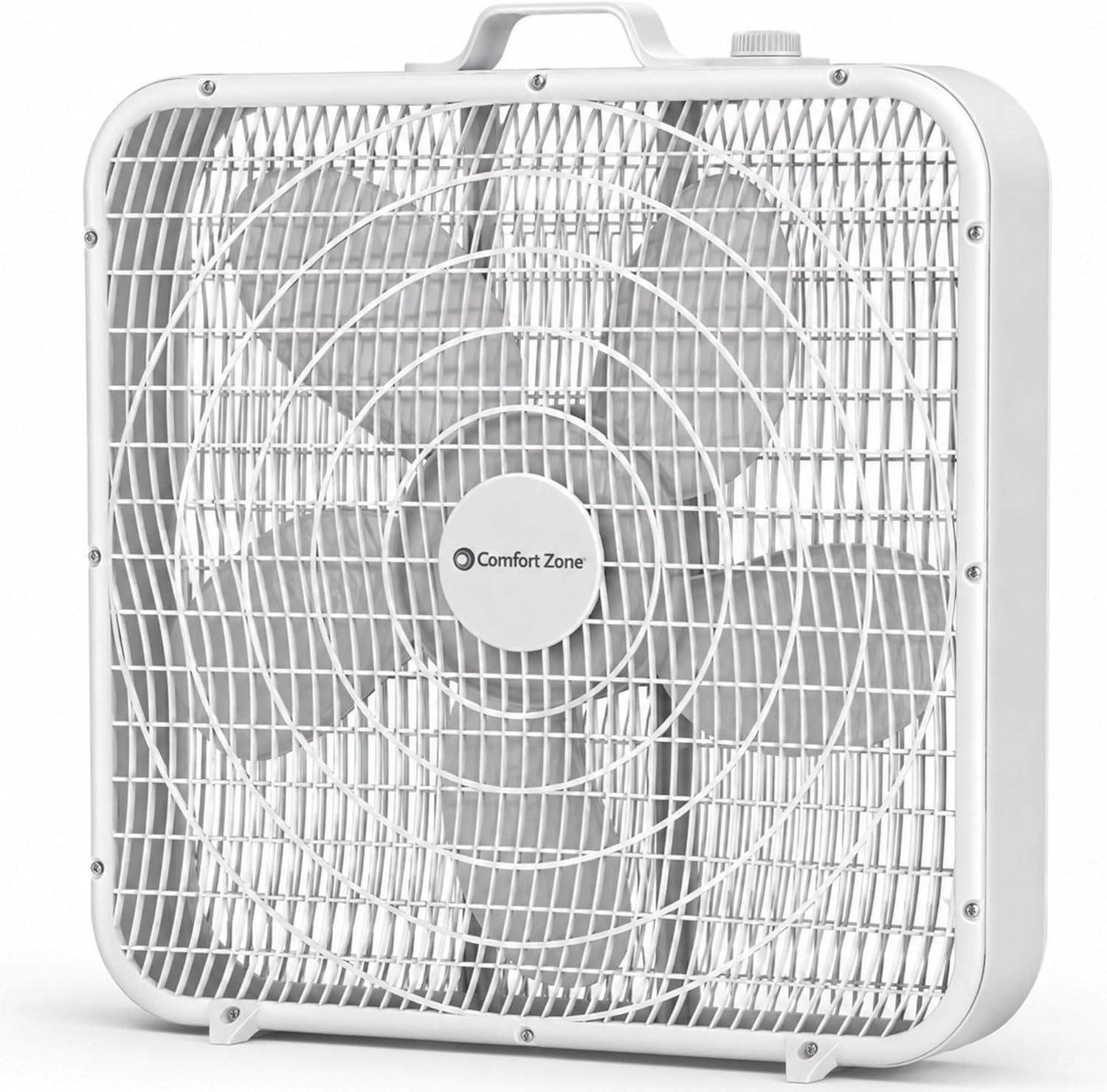 Comfort Zone Box Fan with Carry Handle, 20 inch, 3 Speed Full-Force Air Circulation Window Fan, Bedroom Floor Fan with 5 Blades, White Noise Cooling Fan, White