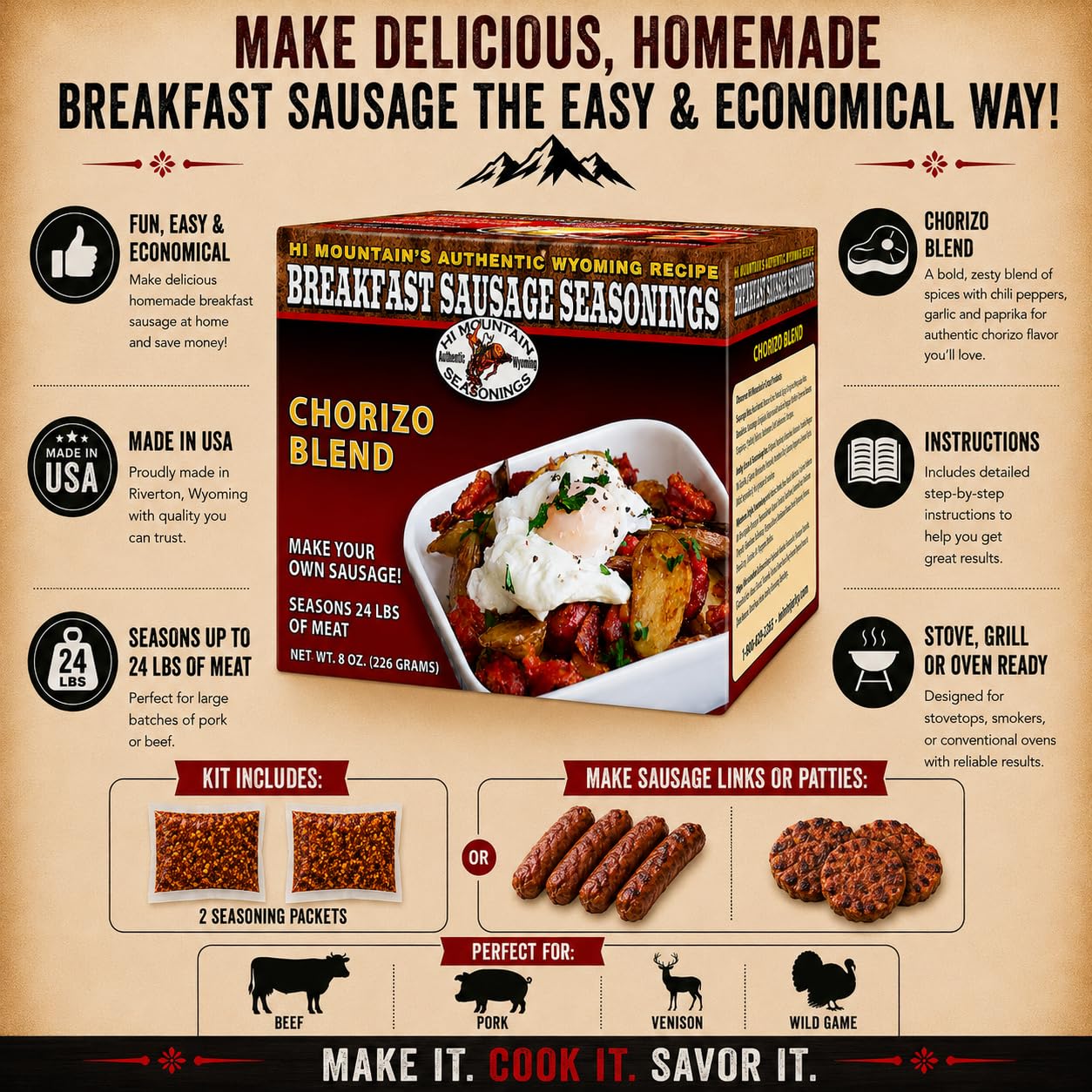 Hi Mountain Breakfast Sausage Seasoning | ORIGINAL MOUNTAIN MAN | 24 lbs | Hearty Old West mix for homemade pork, venison, deer, elk & wild game sausage patties or breakfast sausage links