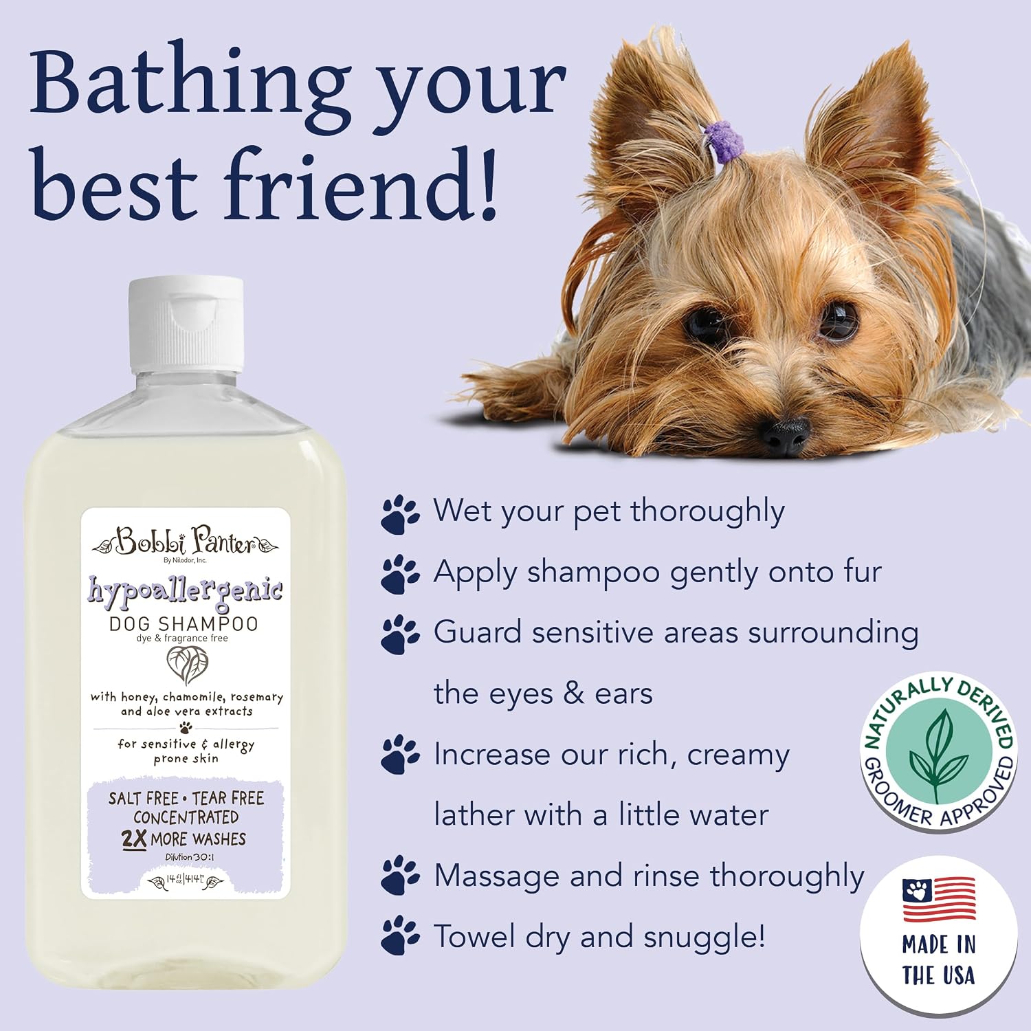 Bobbi Panter Soothing Dog Shampoo Tea Tree, Lavender, Cucumber & Oat Protein – Natural Formula for Sensitive Skin & Irritation Relief, Tear-Free, 30:1 Concentrate, Made in USA, 14 oz