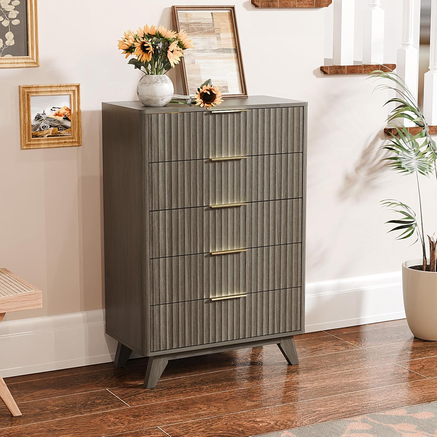 VINGLI Fluted Tall Dresser 5 Drawer, 23.66" W Chest of Drawers Gray Wood Dresser with Rounded Edges, Grey Dressers for Bedroom