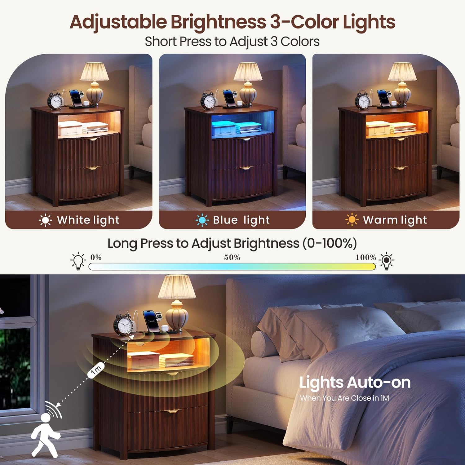 Dystler Fluted LED Night Stand with Hidden Gun Drawer & Charging | 19.7" W Curved Smart Bedside Table, 3-Color LED lights, 2 Drawers, Nightstand with Card-Lock, End Table for Bedroom, Walnut