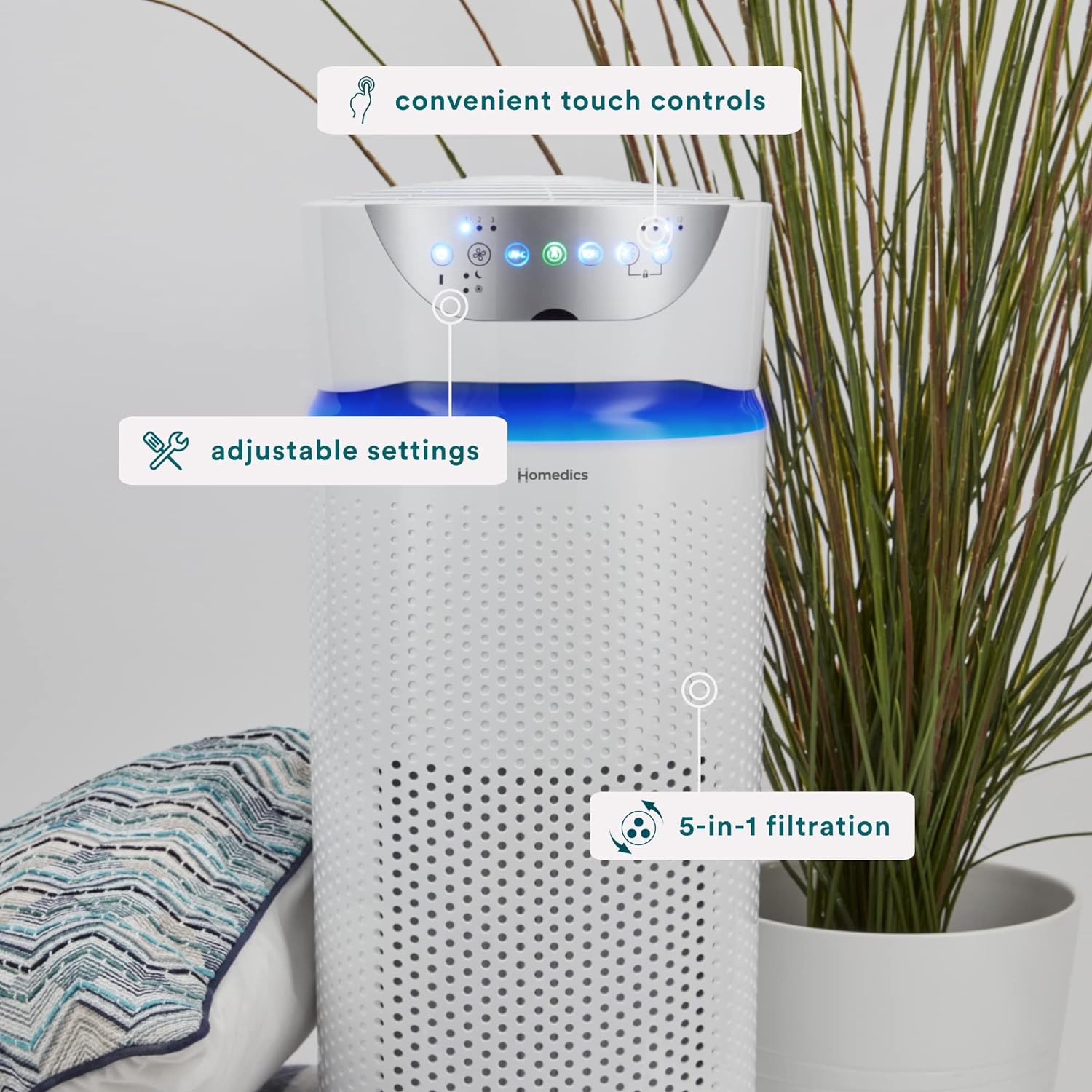 Homedics 5-in-1 UV-C Air Purifier - 360-Degree HEPA Filter for 1, 593 Sq Ft, Extra Large Air Purifiers for Bedroom and Home, Essential Oil Pads