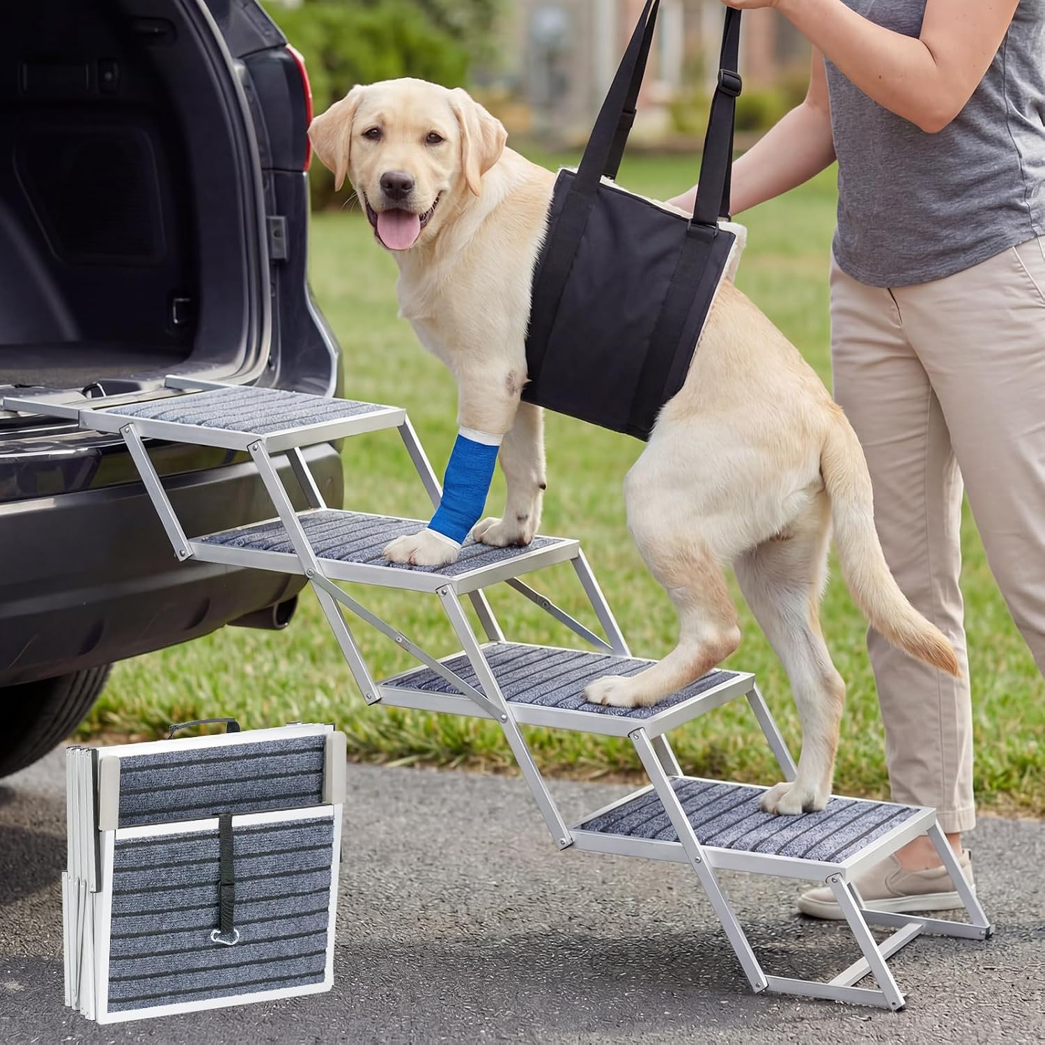 Veehoo Folding Dog Steps Large for Car Truck SUV, Dogs Car Stairs 20" Wide | 4 Steps Foldable Pet Step Aluminum Dog Stairs for Injured Senior Dogs Heavy Duty Pet Ramp Ladder Non Slip, up to 170lbs